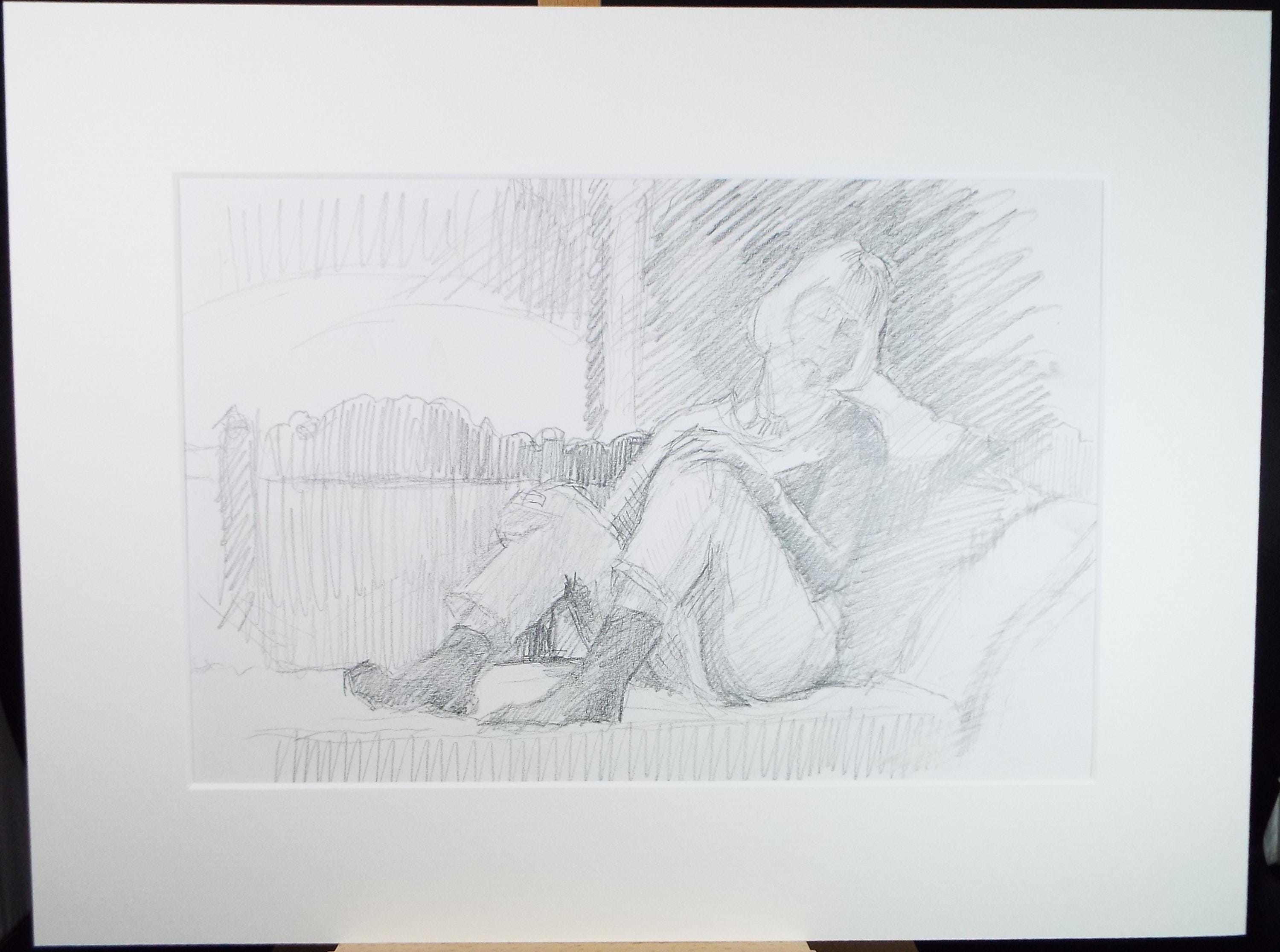 Original Pencil Drawing, 'Woman on a Couch', Pauline Plummer (b1933), Circa 1990's