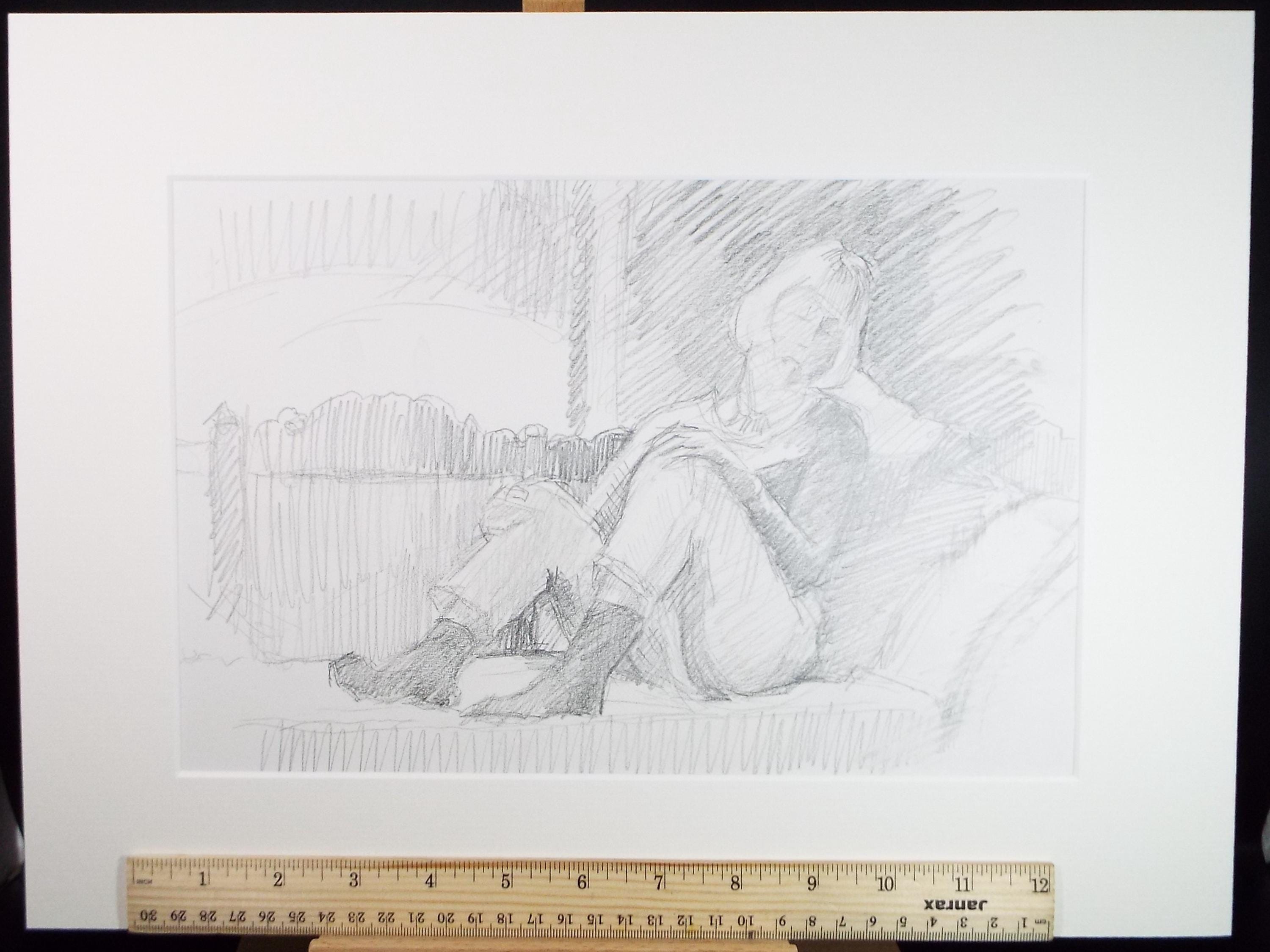 Original Pencil Drawing, 'Woman on a Couch', Pauline Plummer (b1933), Circa 1990's