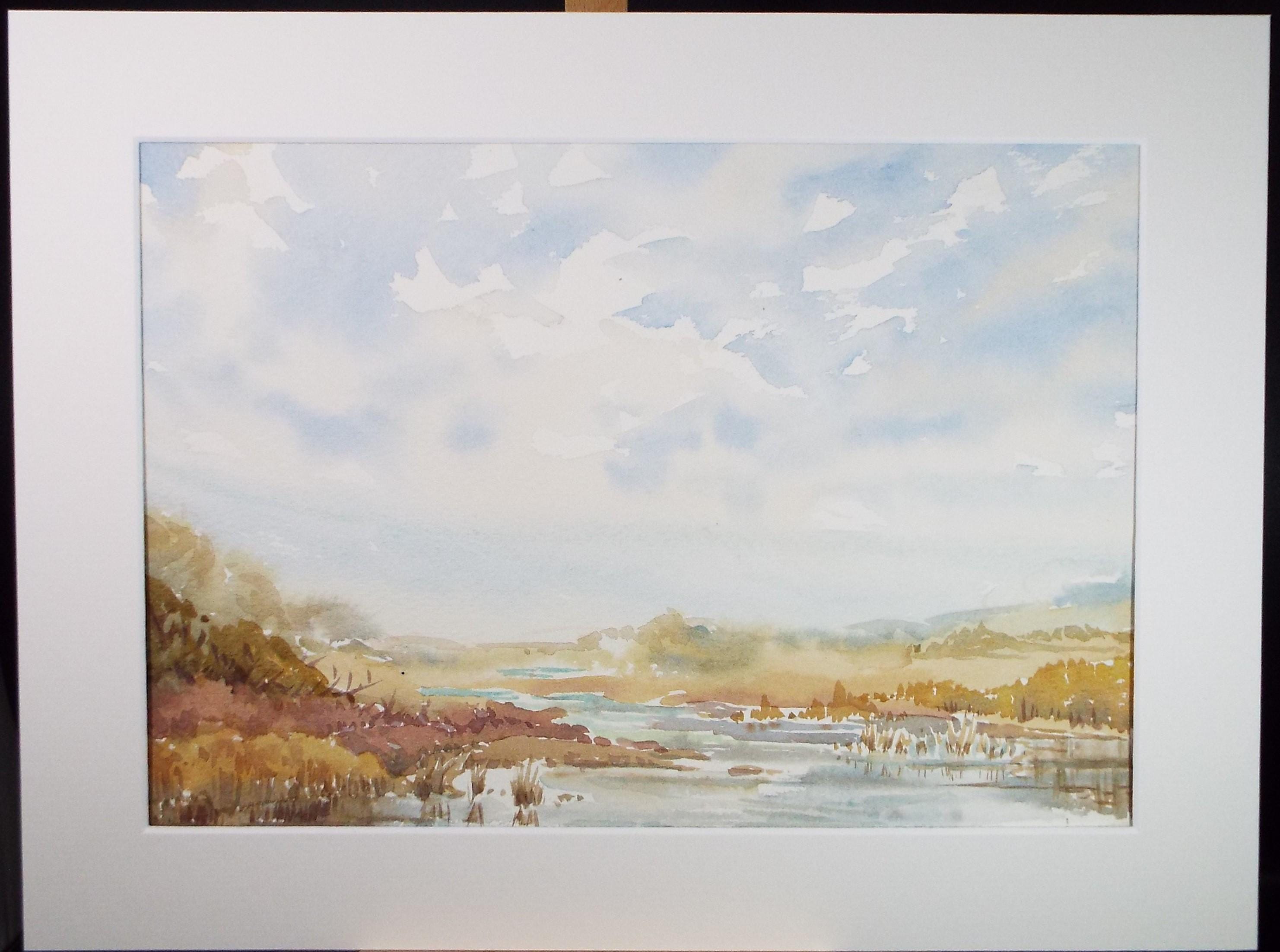 Original Watercolour, 'River though moorland', Gwen Rayner, c1970's