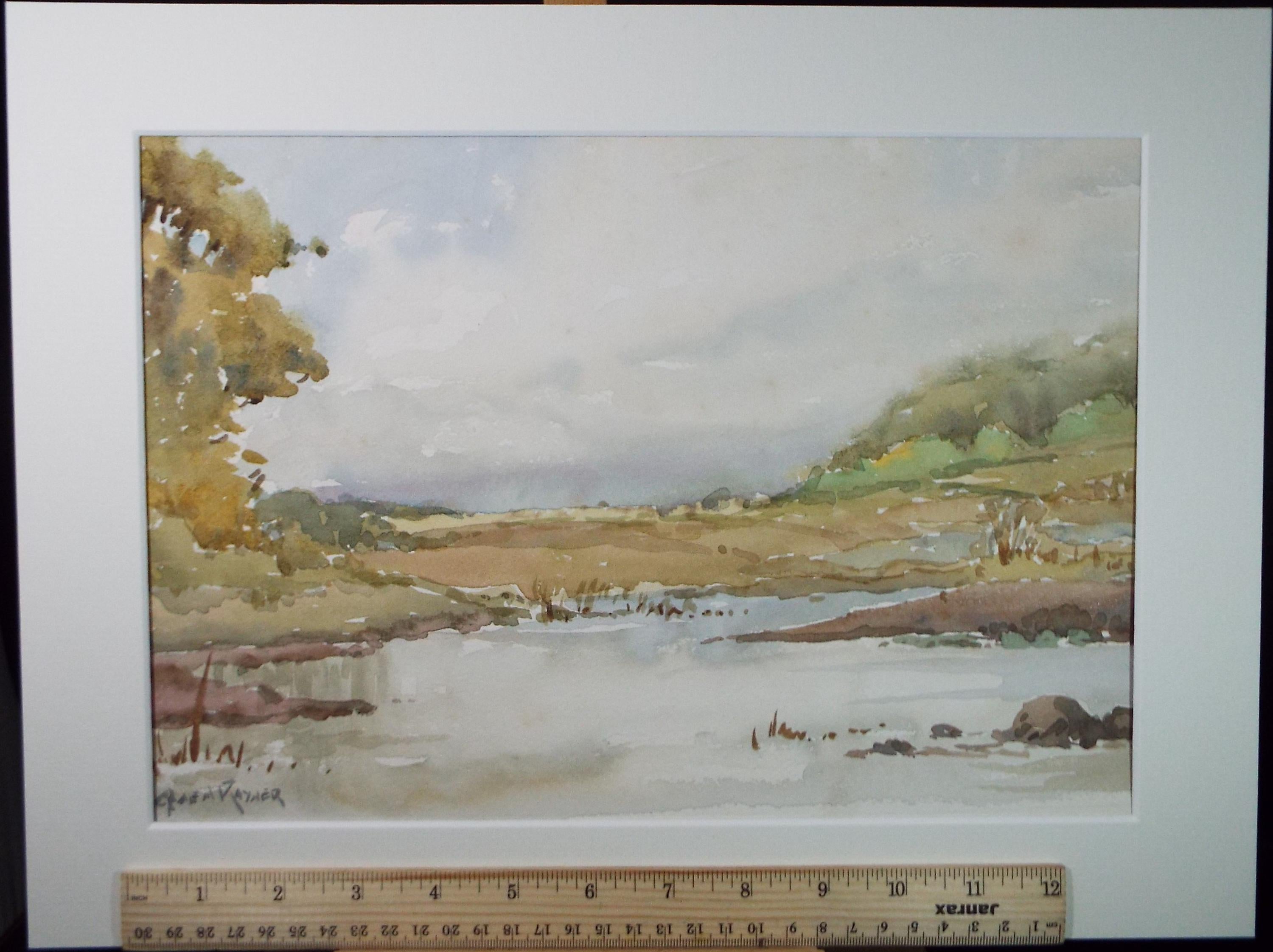 Original Watercolour, 'River though moorland', Gwen Rayner, c1970's