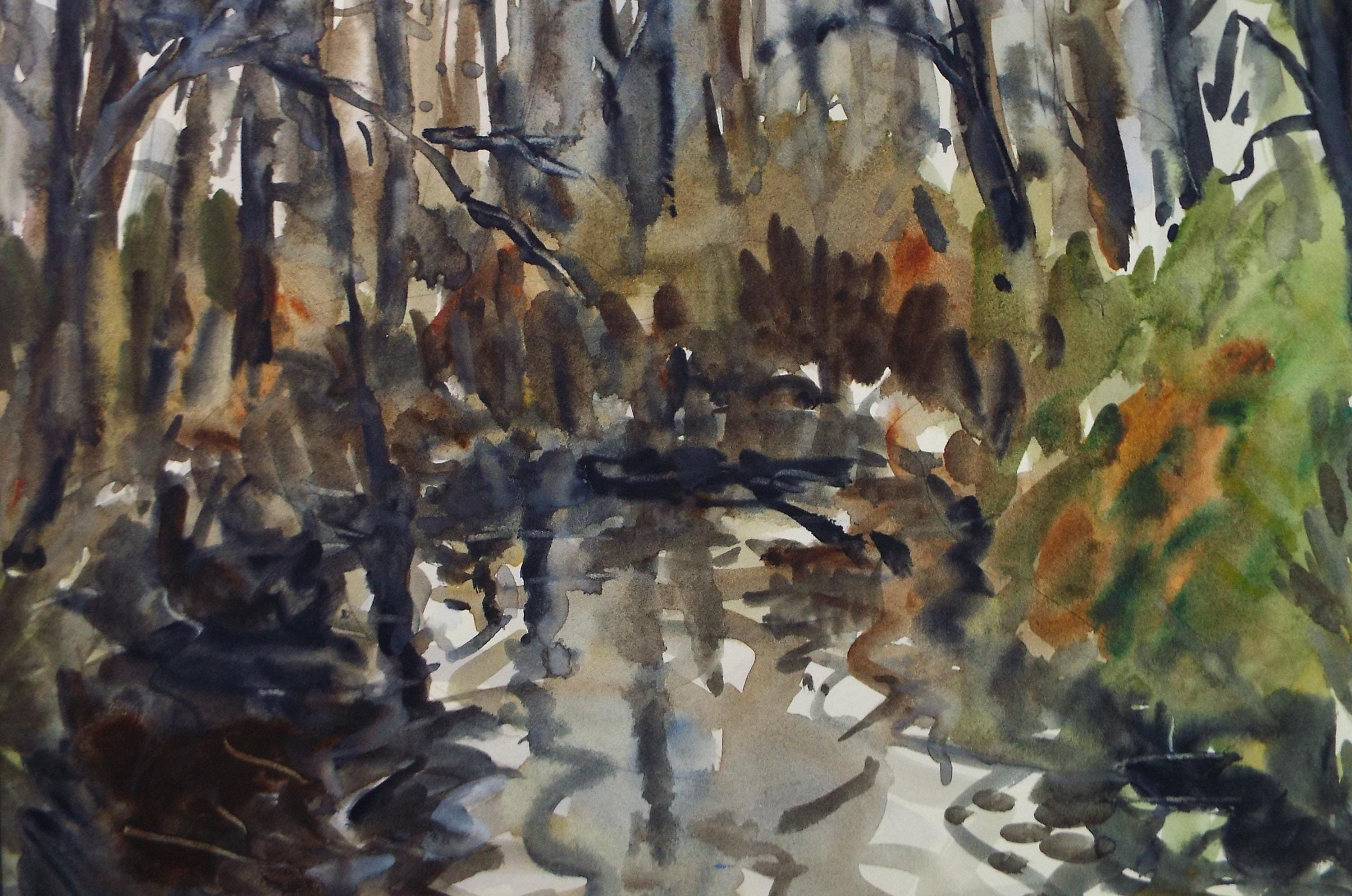 Watercolor Painting: Woodland Stream, 1990s, 16x12" Matted