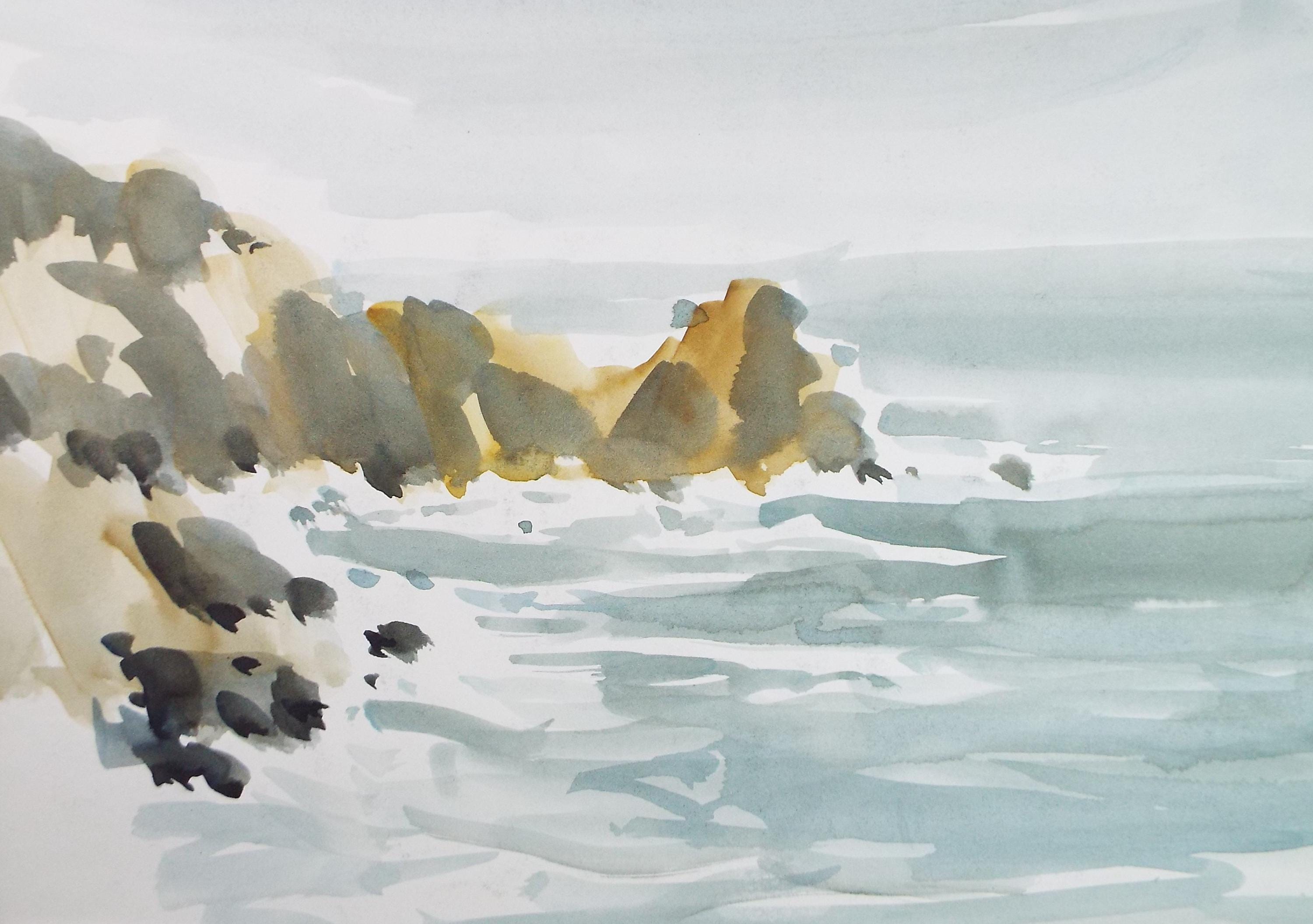 Original 'Rocky Coast' Watercolor Painting: 1990s Coastal Art