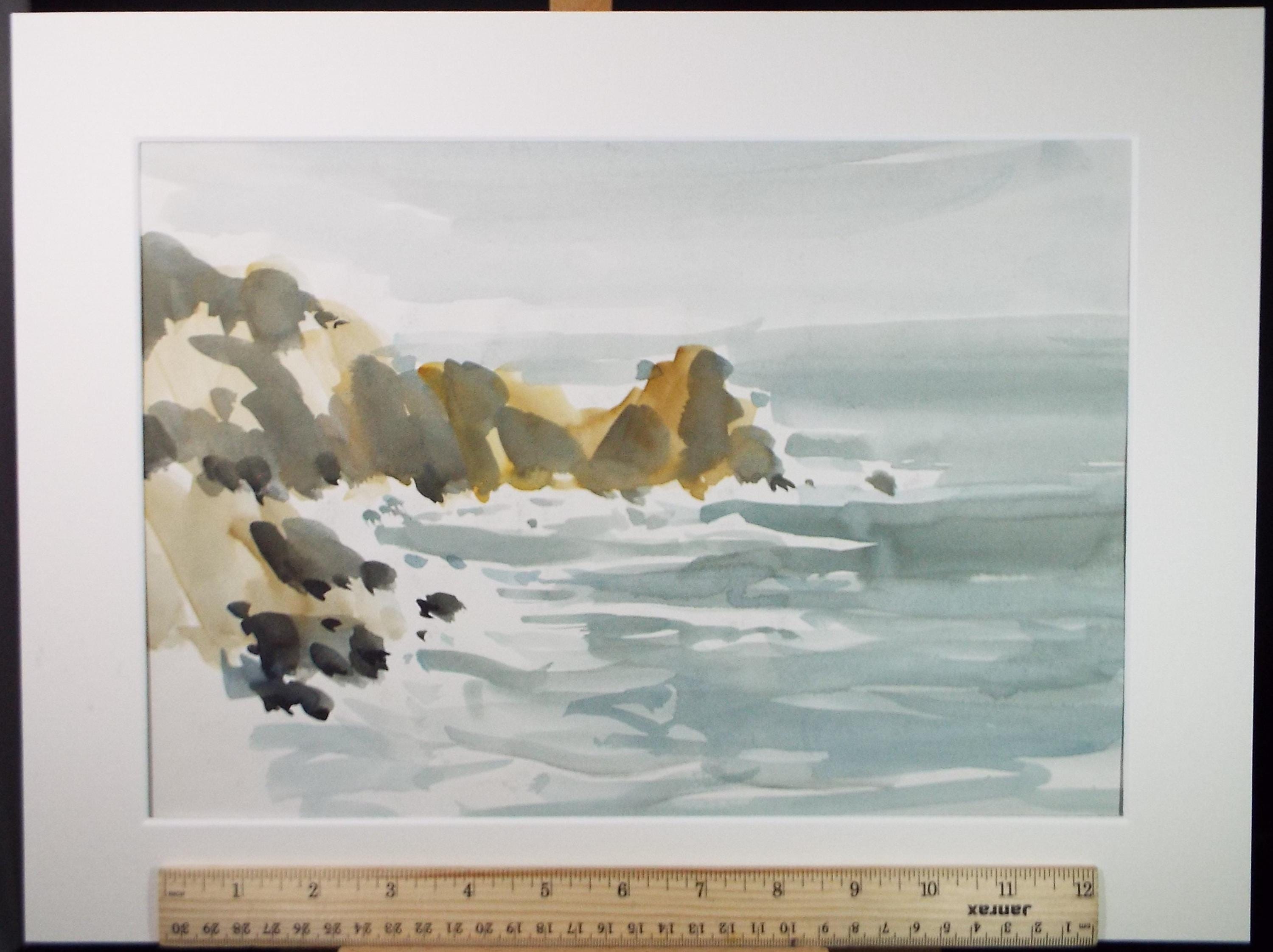 Original 'Rocky Coast' Watercolor Painting: 1990s Coastal Art