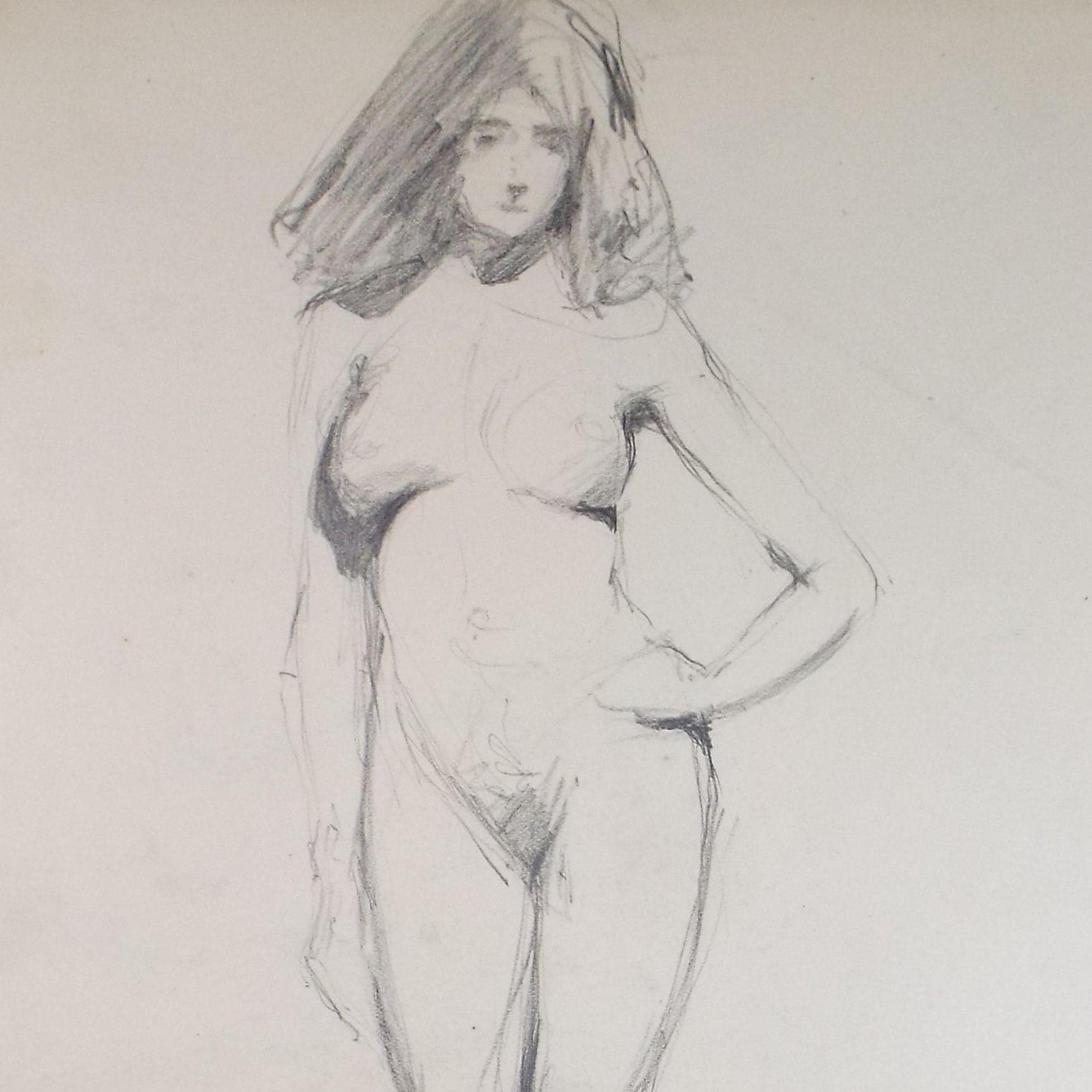 Original Pencil Drawing, 'Female Standing Nude', Dated 1902, Initials GR