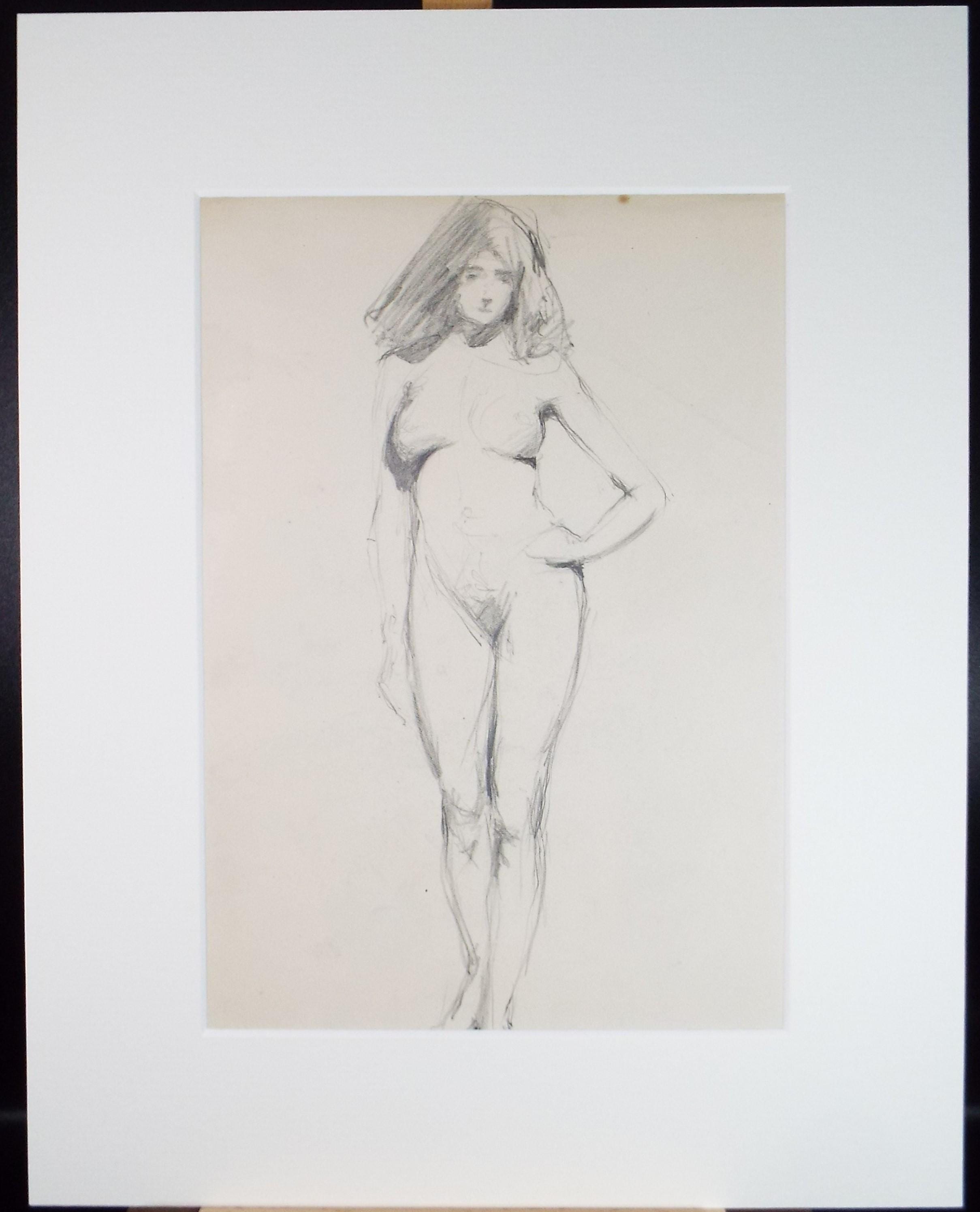 Original Pencil Drawing, 'Female Standing Nude', Dated 1902, Initials GR