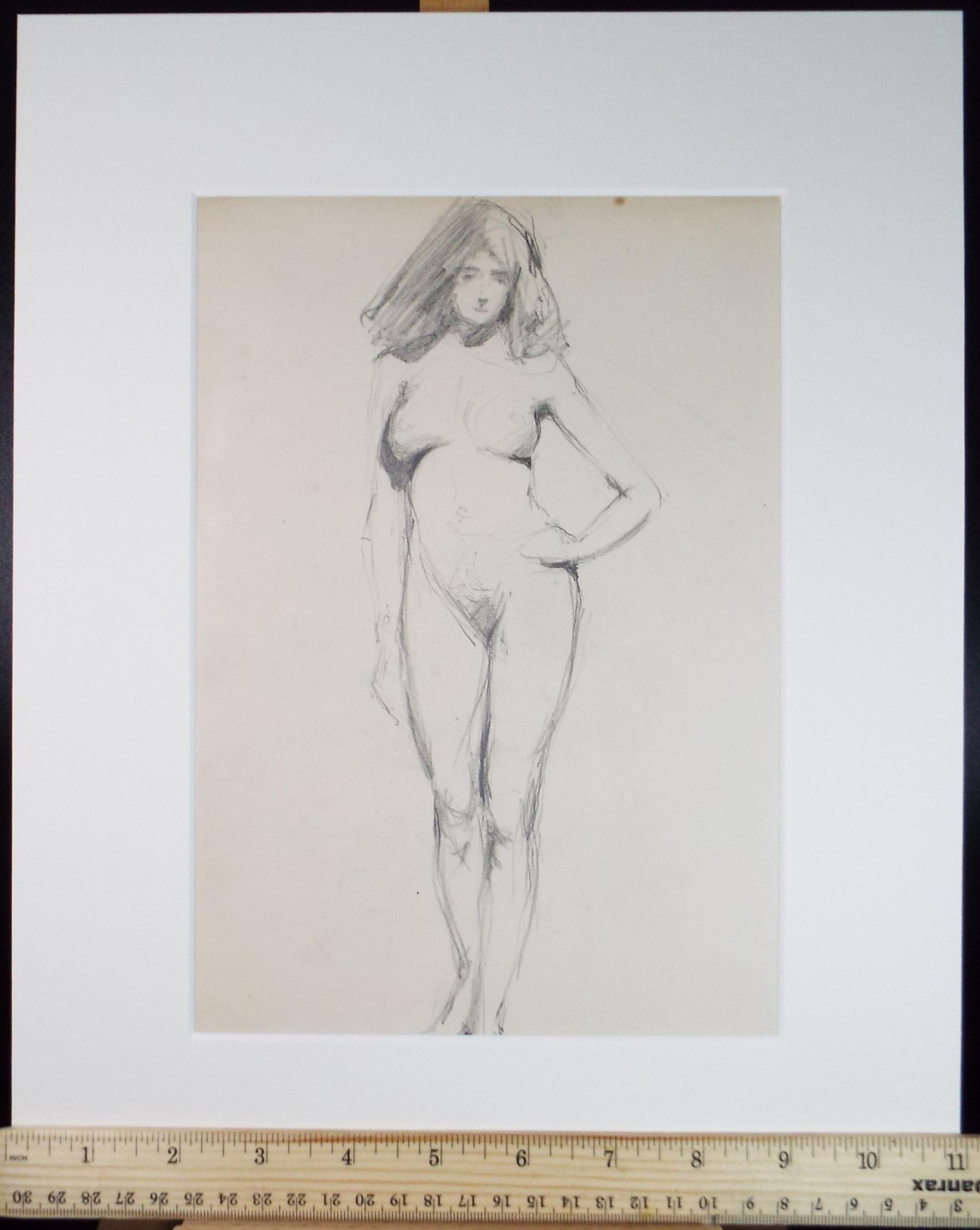 Original Pencil Drawing, 'Female Standing Nude', Dated 1902, Initials GR