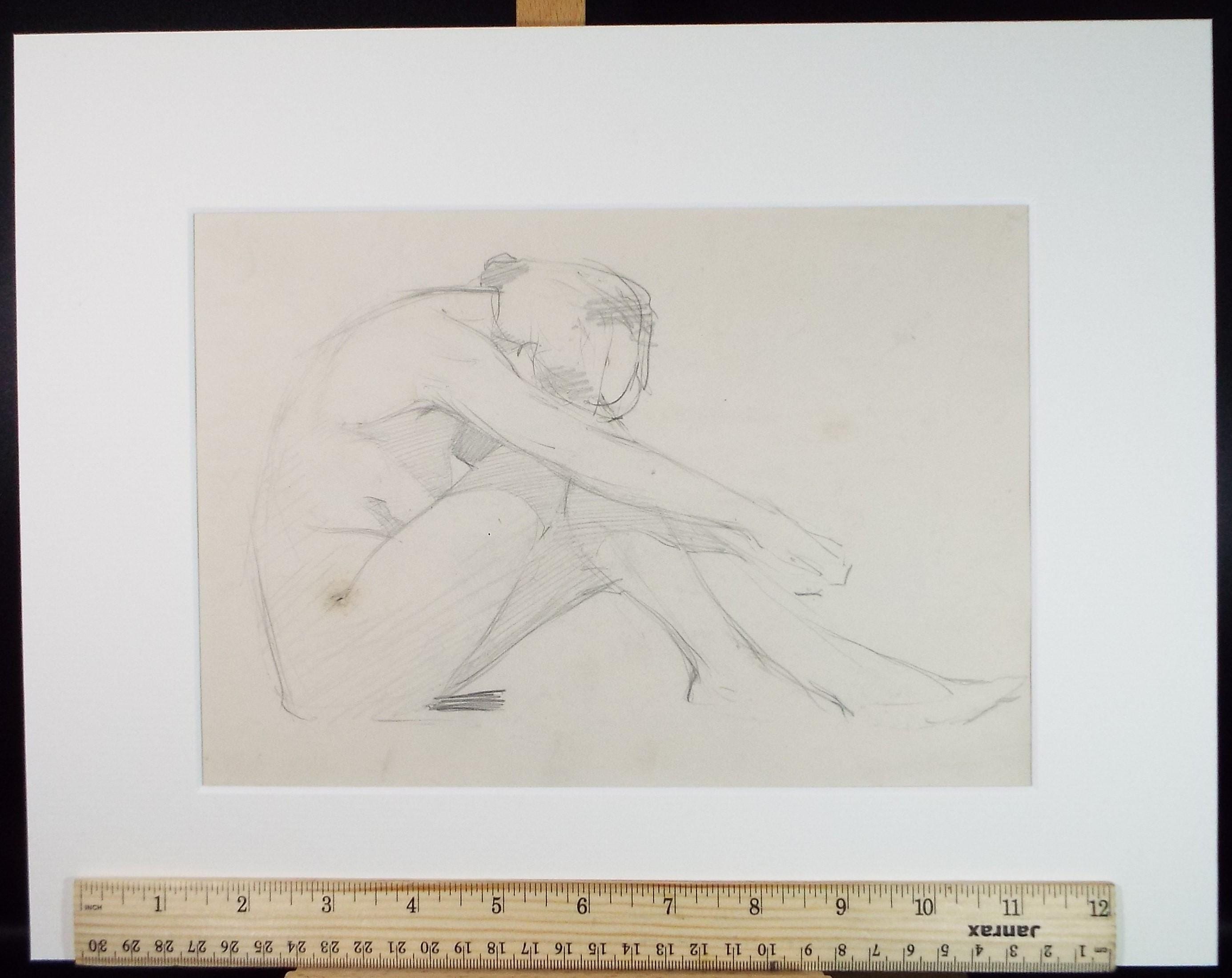 Original Pencil Drawing, 'Crouching figure', Dated 1904, Initials GR