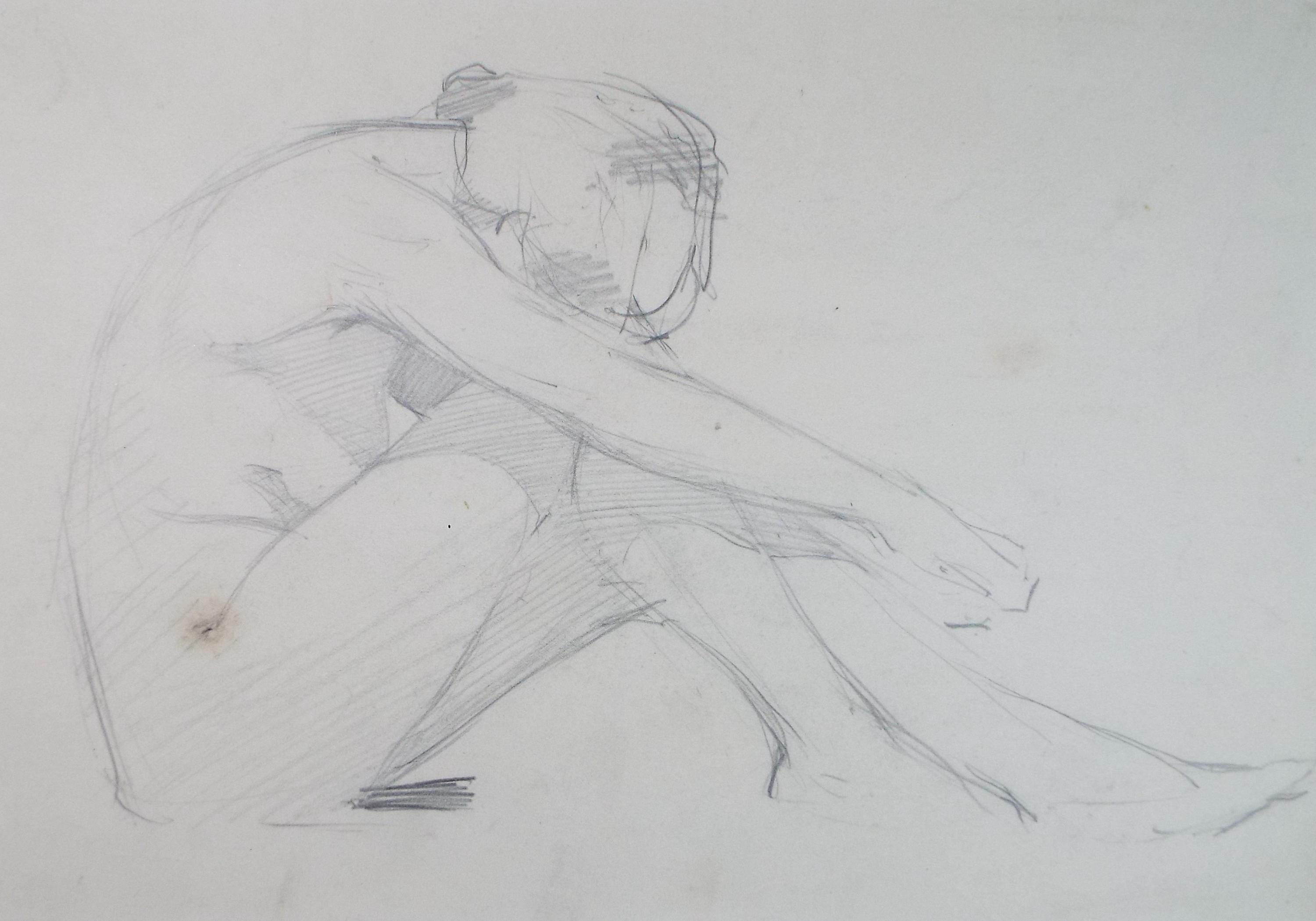 Original Pencil Drawing, 'Crouching figure', Dated 1904, Initials GR