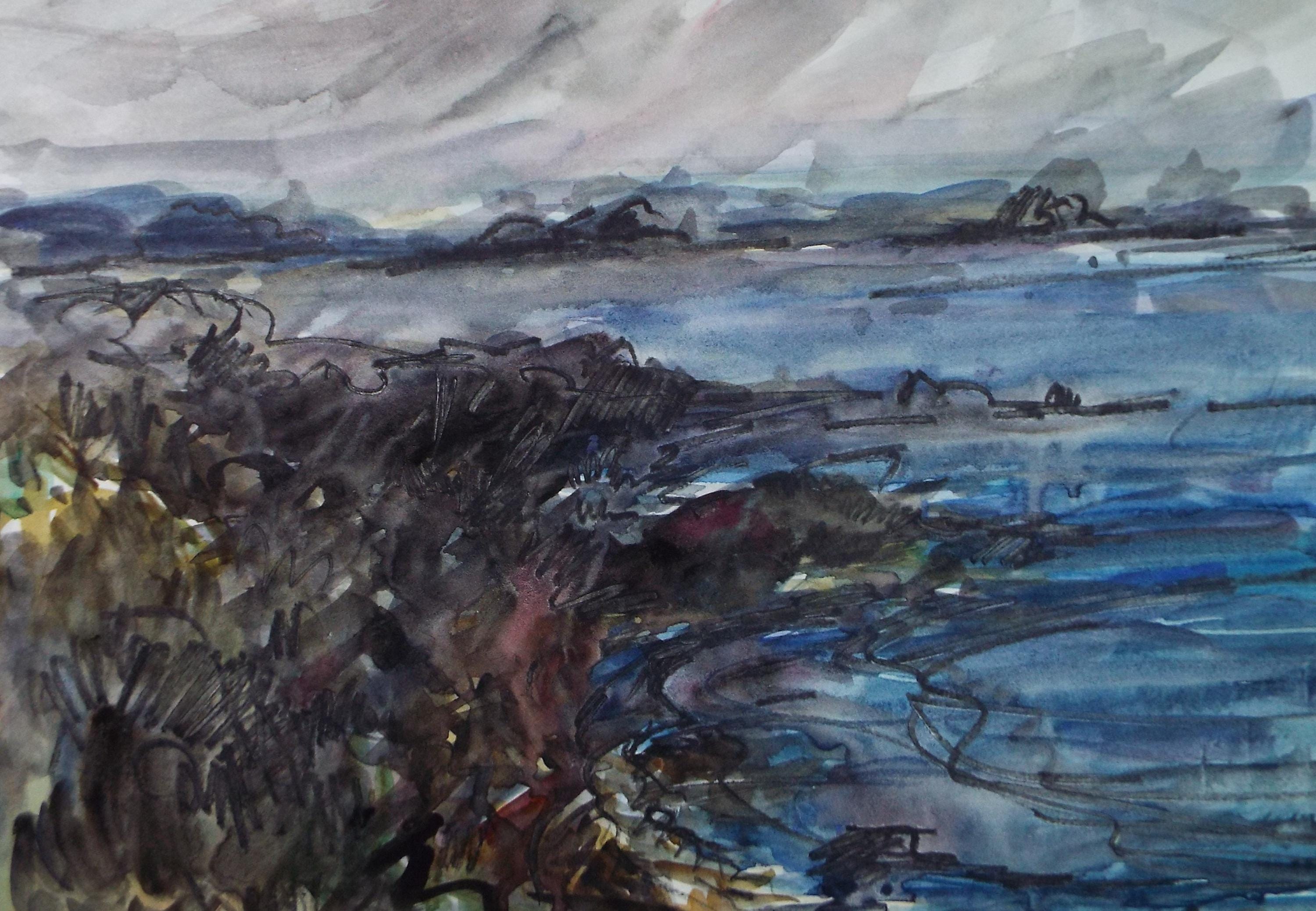 Original Watercolour, 'Coastal Landscape', artist unknown, circa 1990's