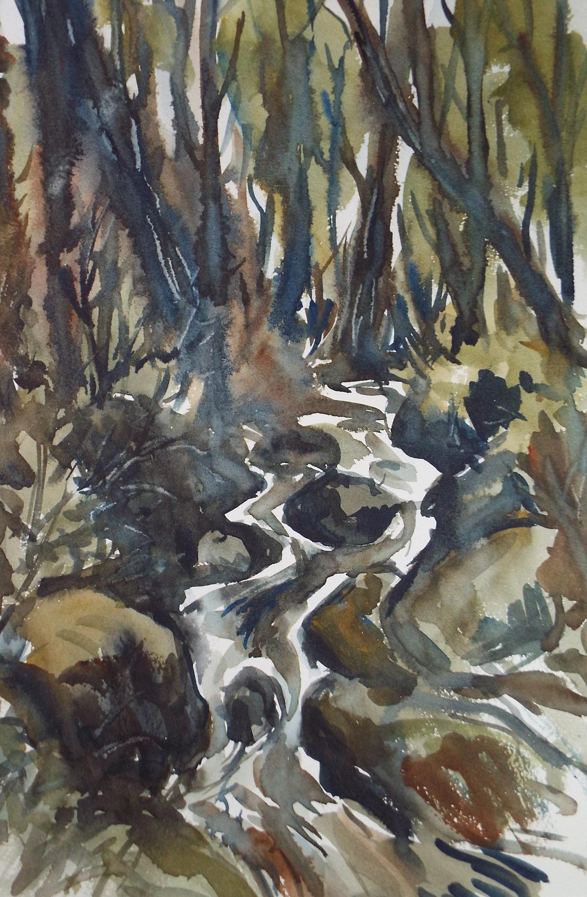 Original Watercolour, 'Woodland stream', artist unknown, circa 1990's
