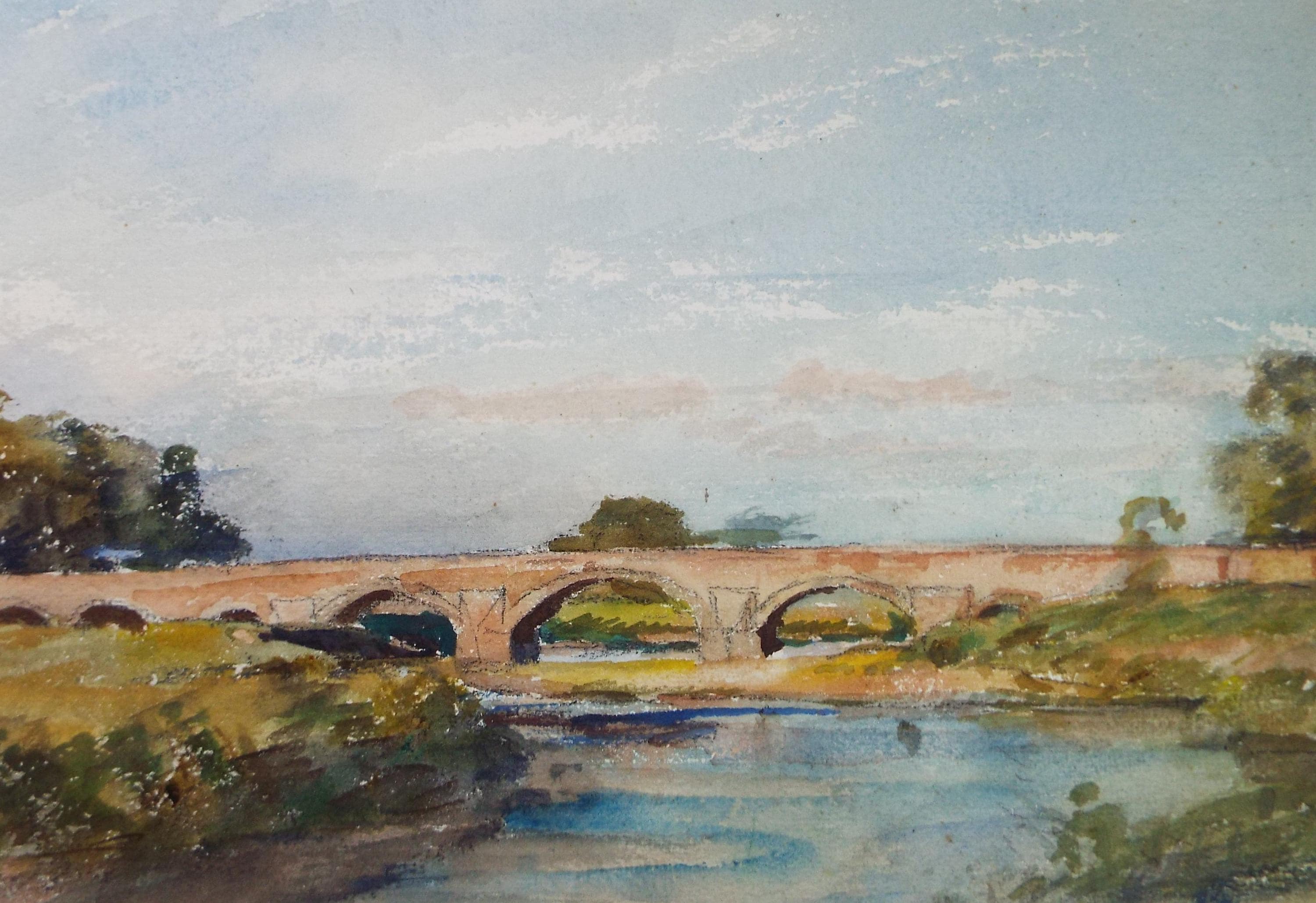 Original Watercolour, 'Bridge over the River', A E Borthwick (1871-1955), Circa 1940's