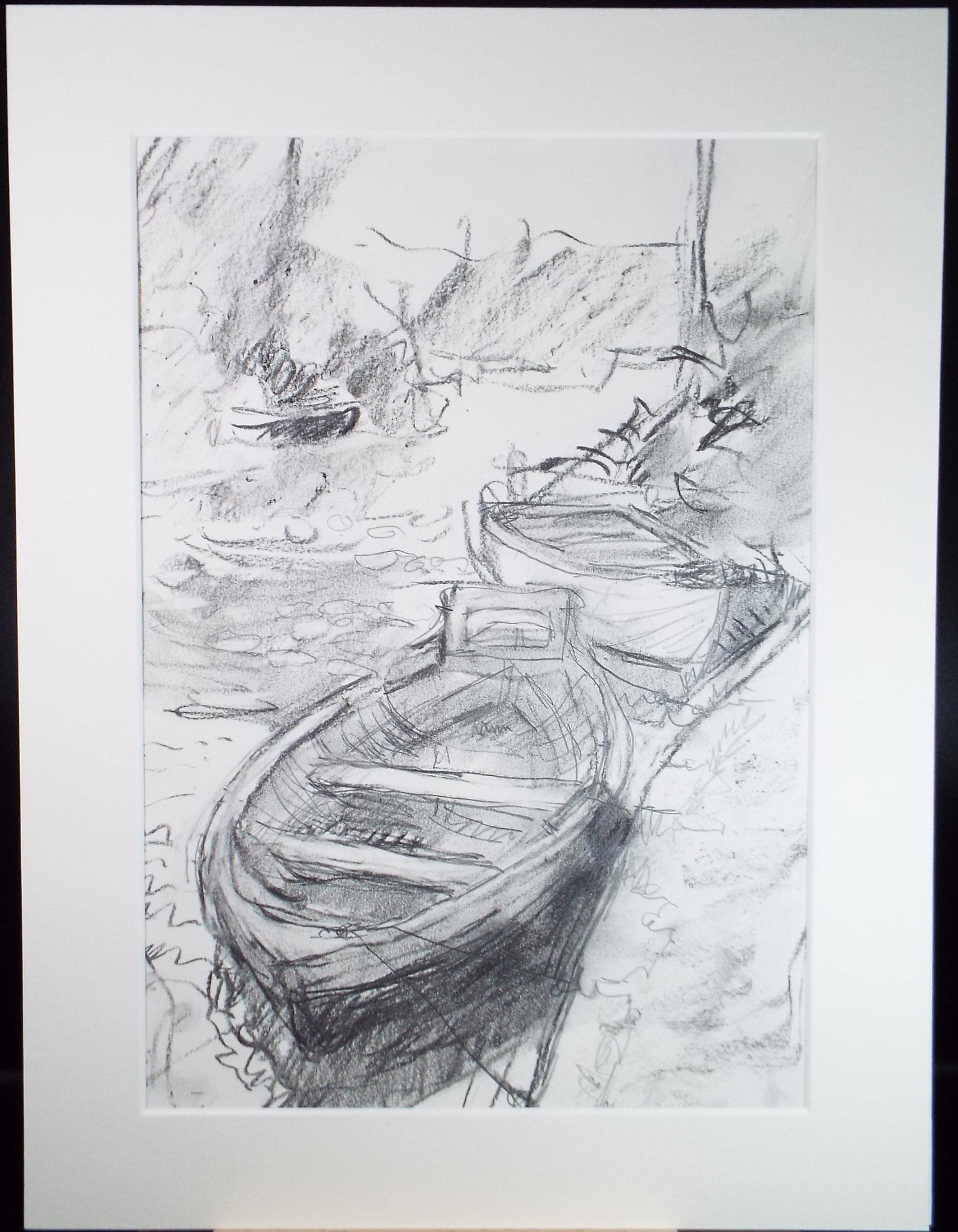 Conte drawing 'Boats on the river', Pauline Plummer (b1933), Circa 1990's