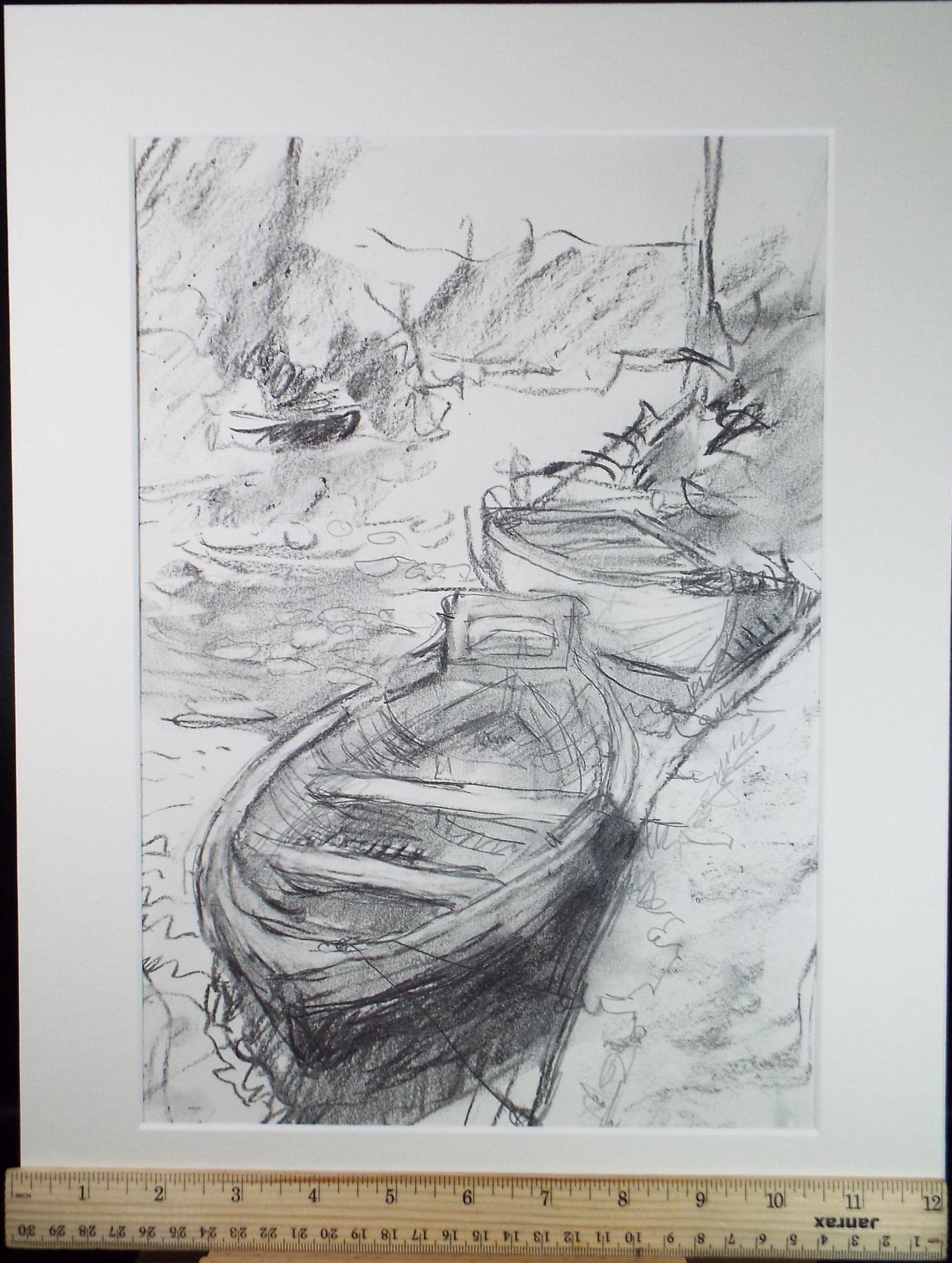 Conte drawing 'Boats on the river', Pauline Plummer (b1933), Circa 1990's