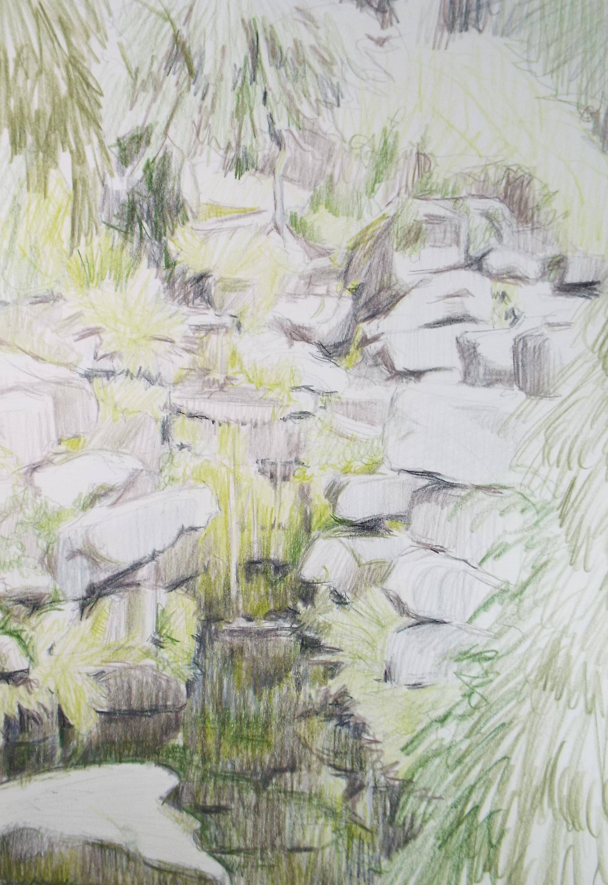 Coloured Pencil drawing 'Waterfall', Pauline Plummer (b1933), Circa 1990's