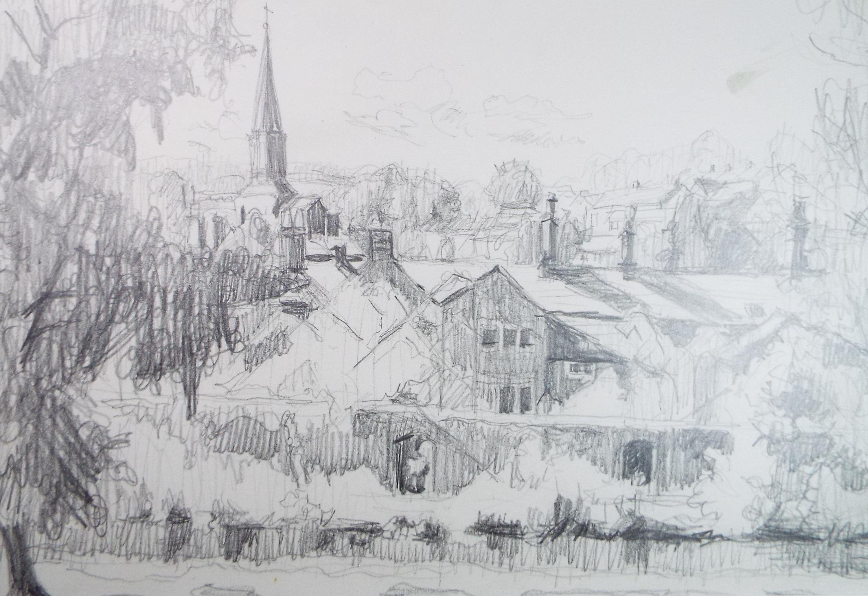 Pencil drawing 'Rooftops with church spire', Pauline Plummer (b1933), Circa 1990's
