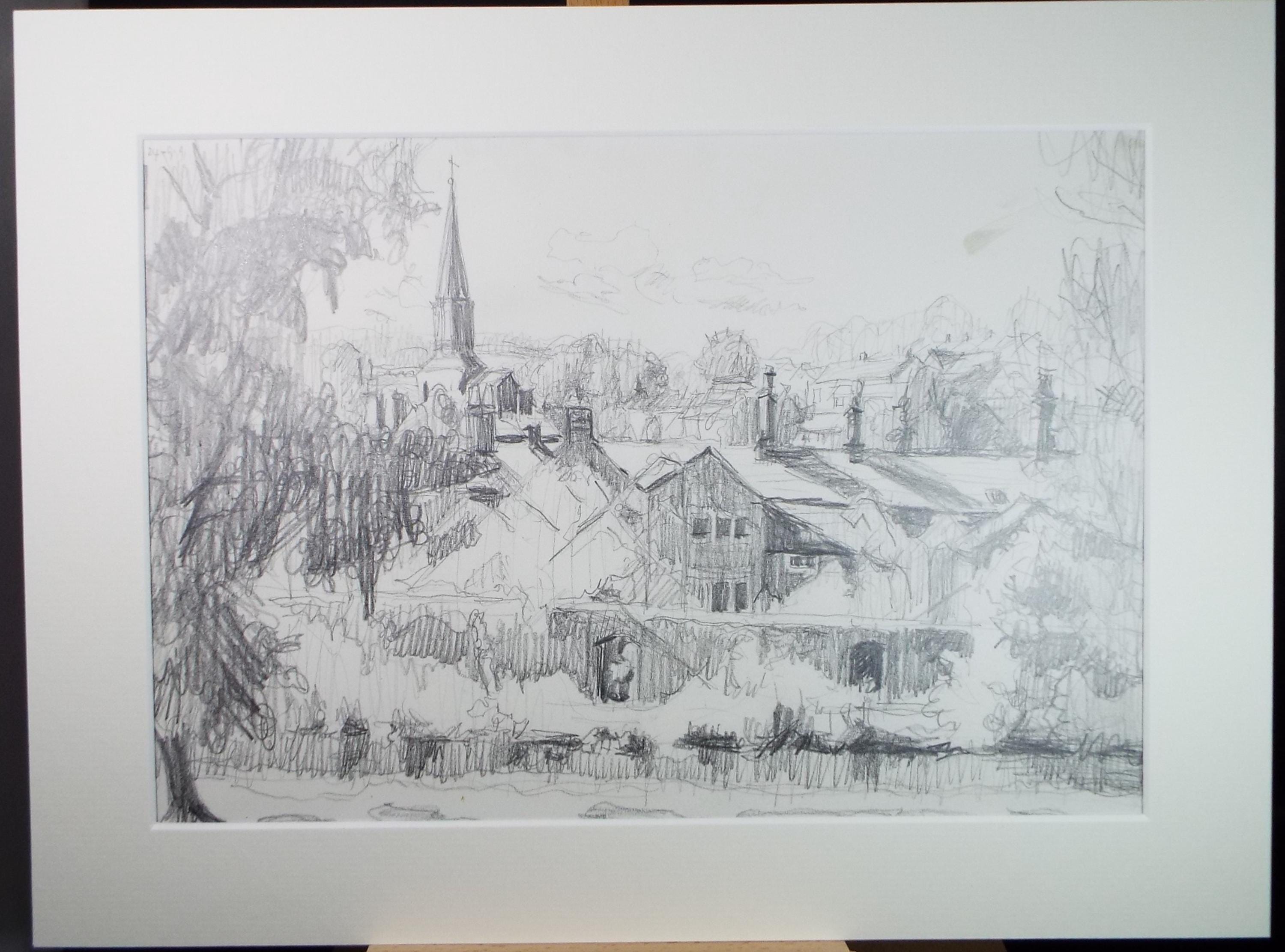Pencil drawing 'Rooftops with church spire', Pauline Plummer (b1933), Circa 1990's