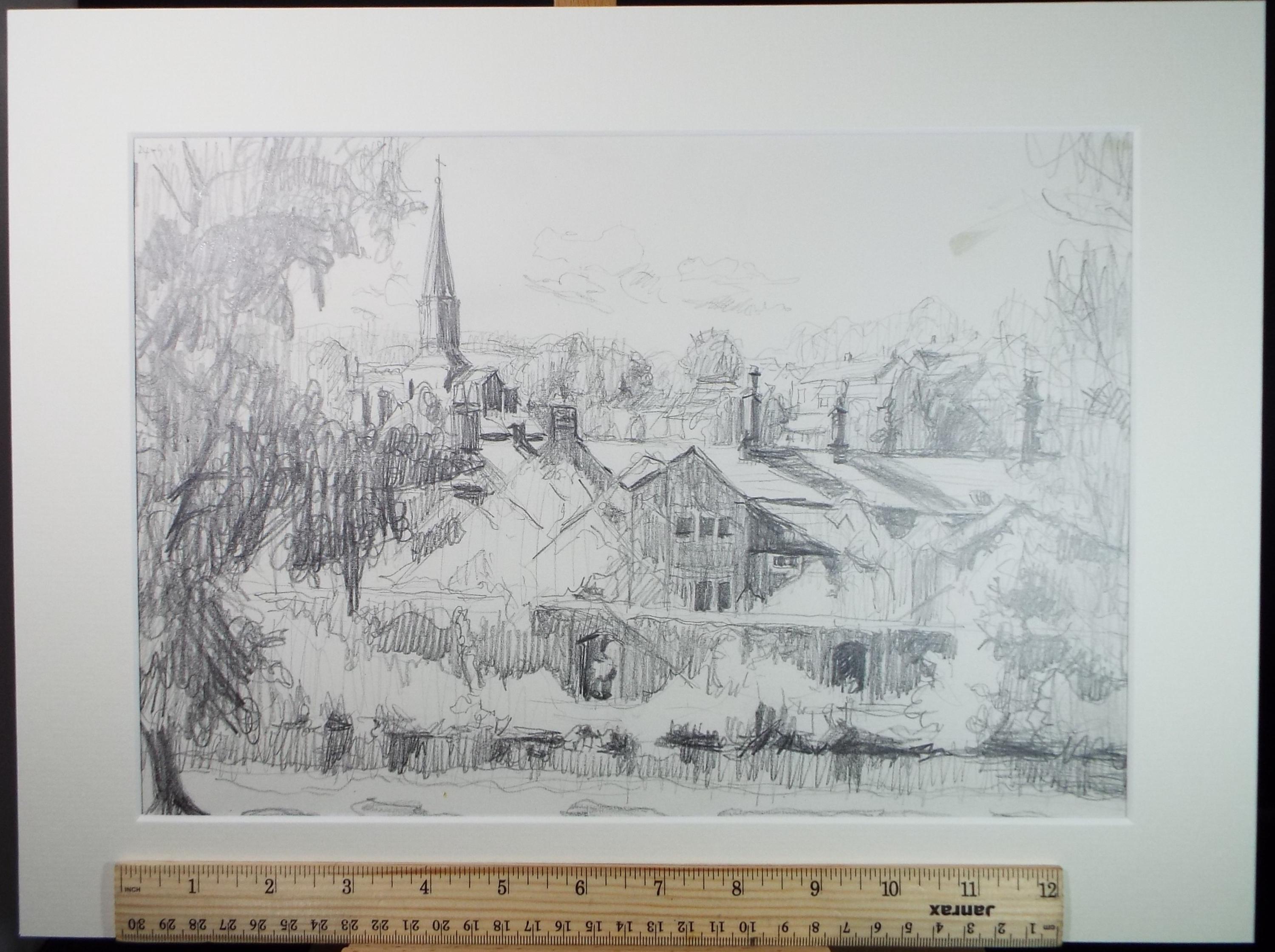 Pencil drawing 'Rooftops with church spire', Pauline Plummer (b1933), Circa 1990's