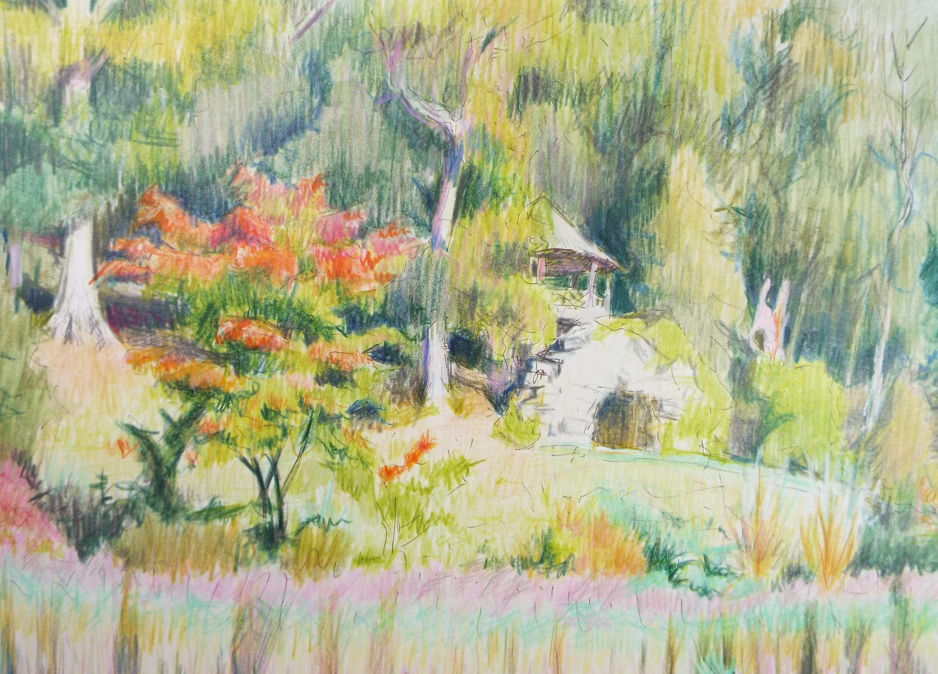 Coloured Pencil drawing 'Japanese Garden', Pauline Plummer (b1933), Circa 1990's