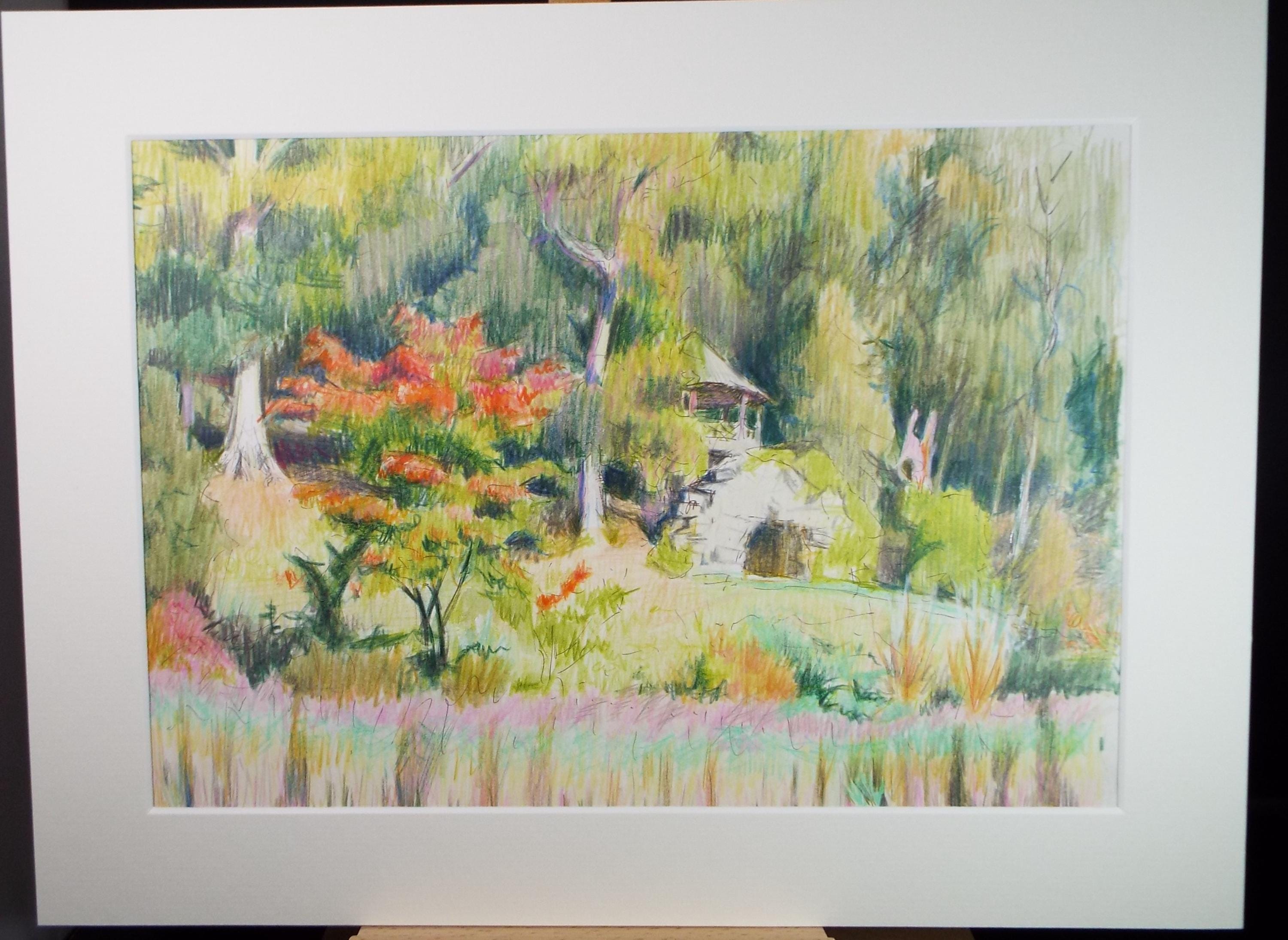 Coloured Pencil drawing 'Japanese Garden', Pauline Plummer (b1933), Circa 1990's