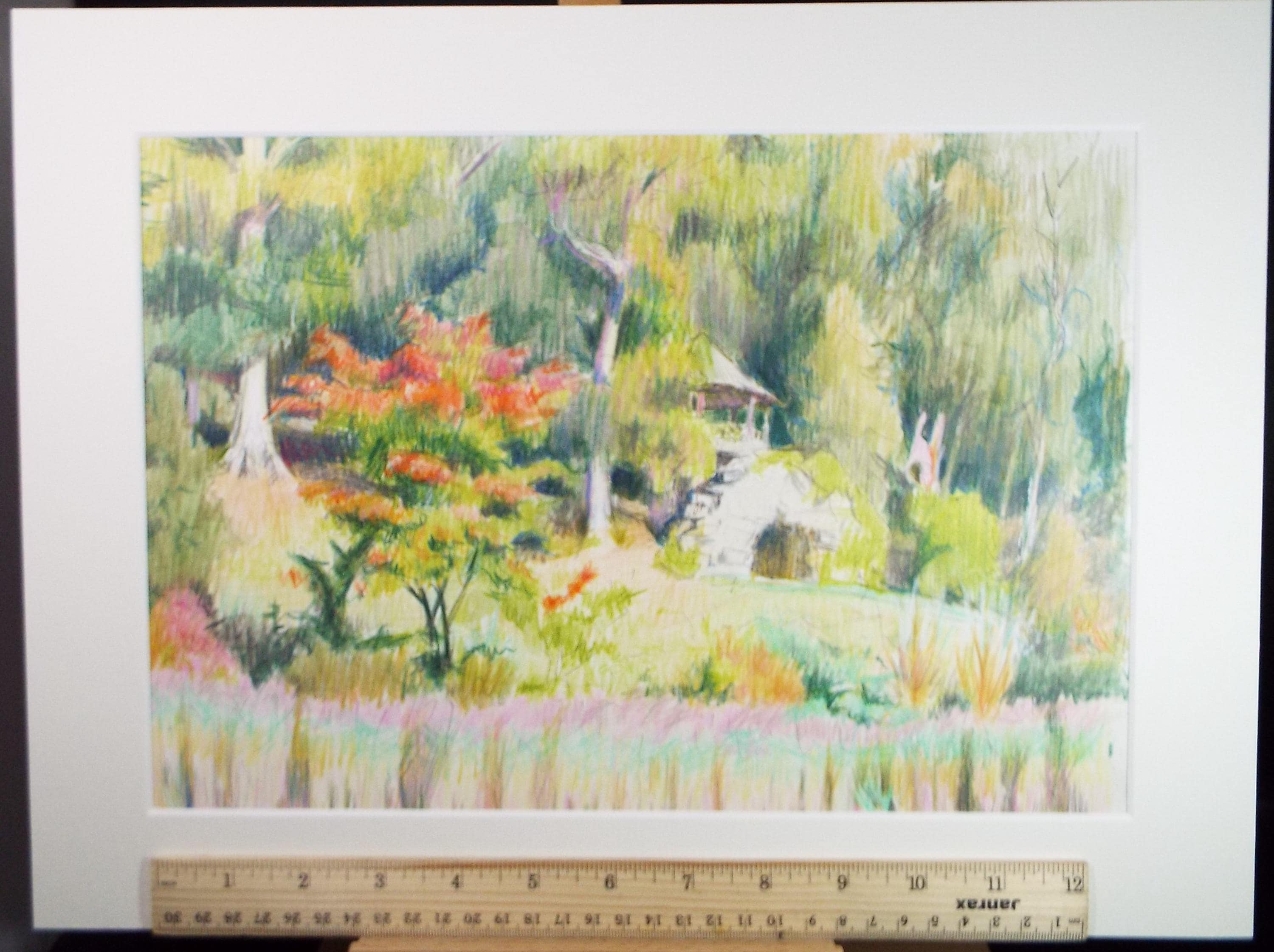 Coloured Pencil drawing 'Japanese Garden', Pauline Plummer (b1933), Circa 1990's