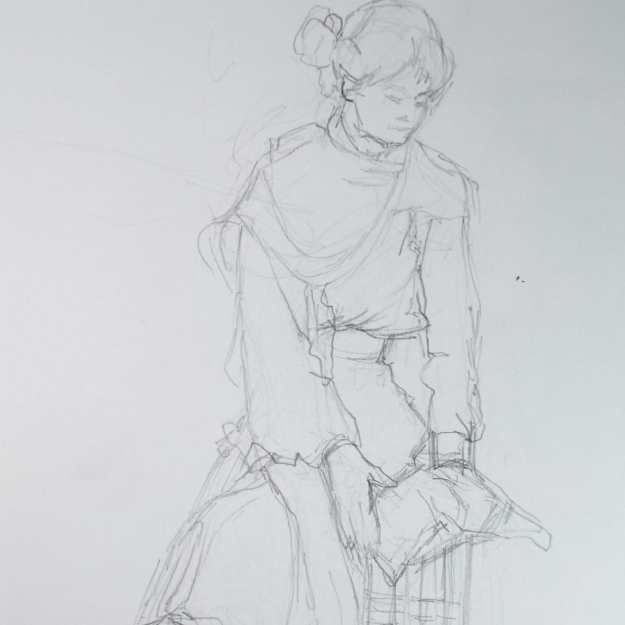 Pencil drawing 'Woman on a stool', Pauline Plummer (b1933), Circa 1990's