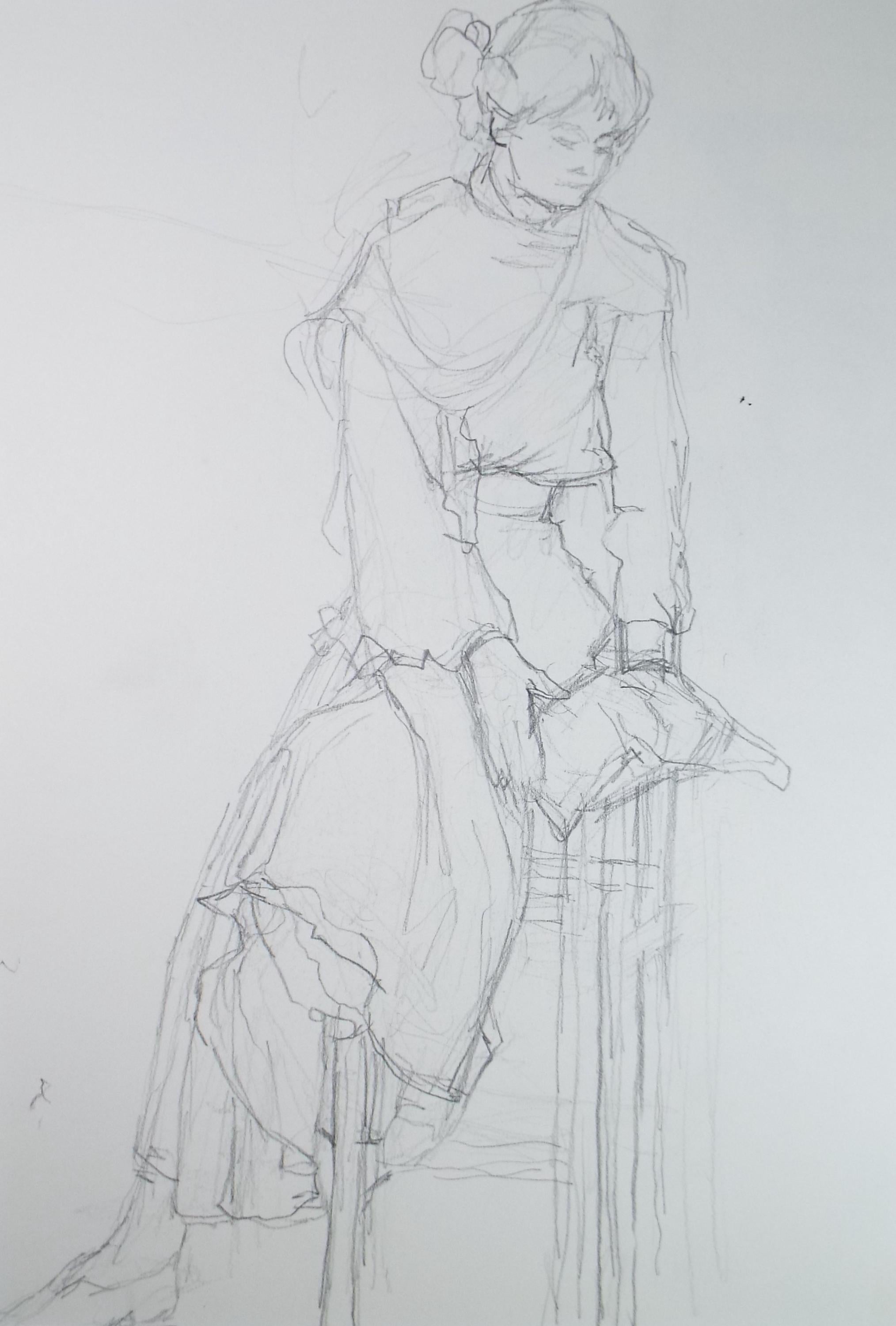 Pencil drawing 'Woman on a stool', Pauline Plummer (b1933), Circa 1990's