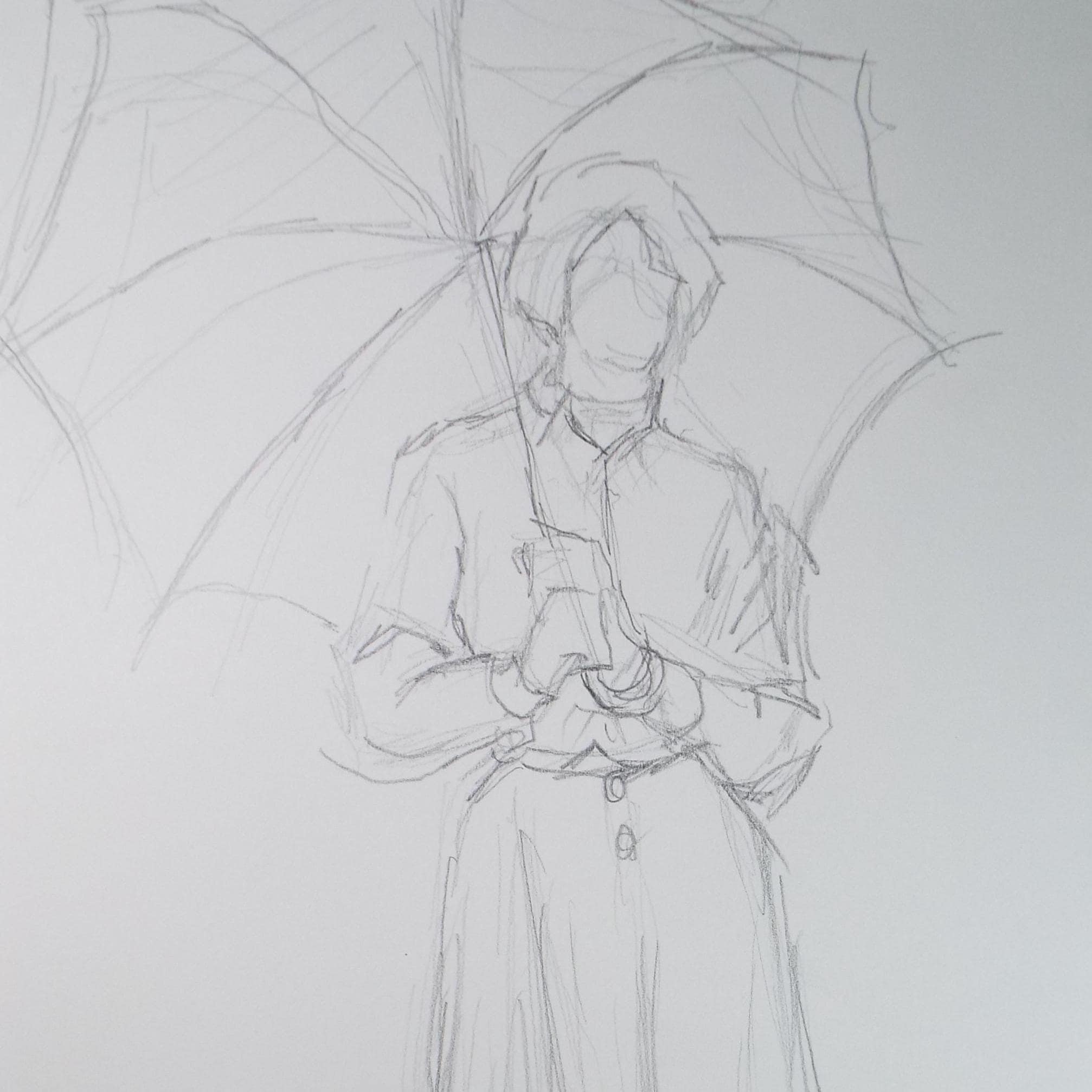 Pencil drawing 'Woman with Umbrella', Pauline Plummer (b1933), Circa 1990's