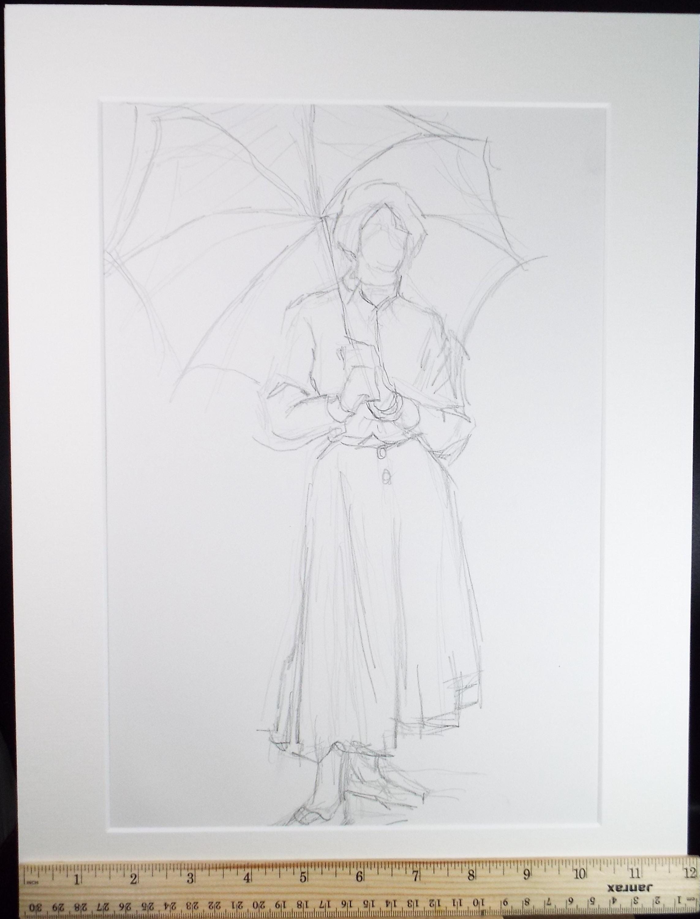 Pencil drawing 'Woman with Umbrella', Pauline Plummer (b1933), Circa 1990's