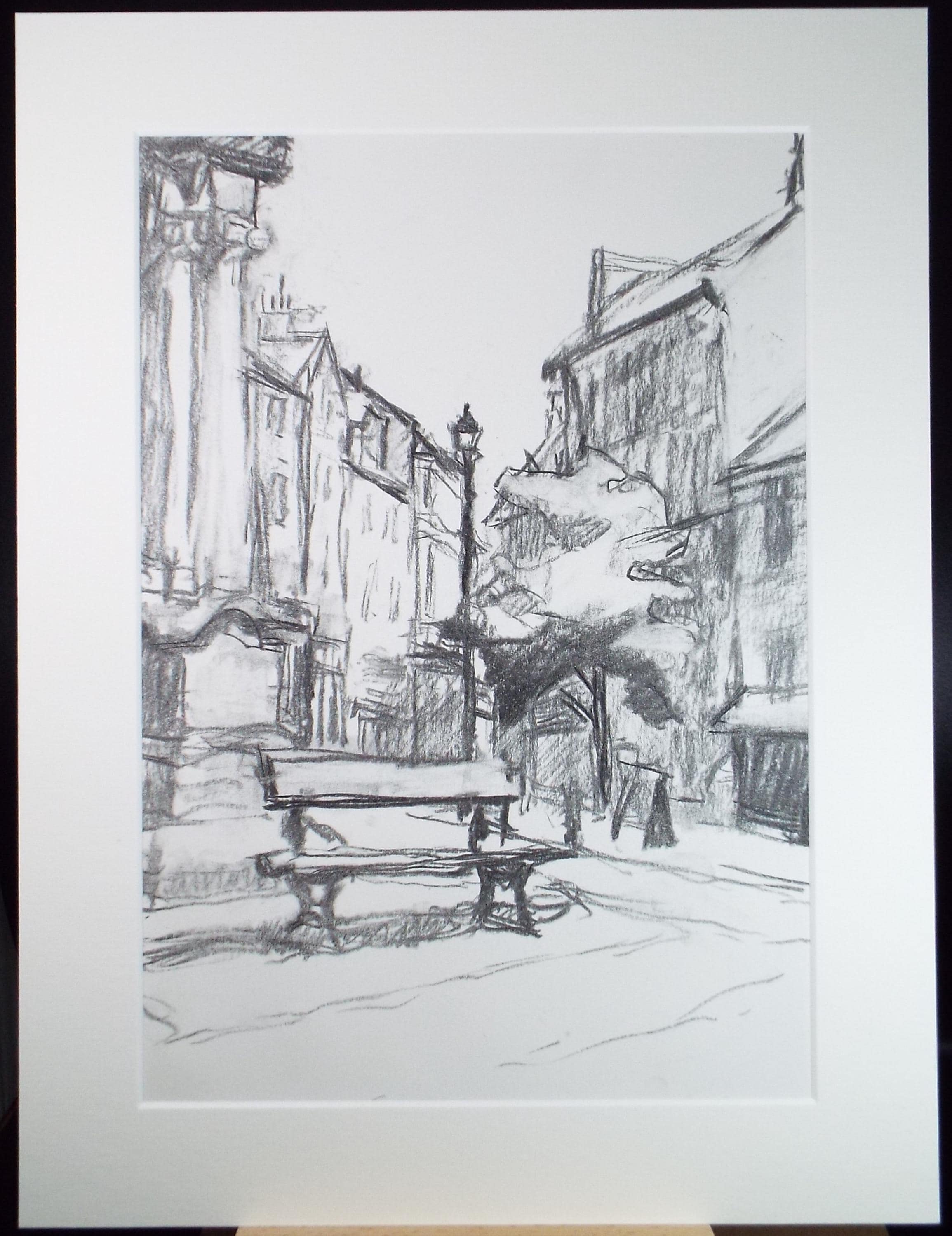 Conte drawing 'Street Scene', Pauline Plummer (b1933), Circa 1990's