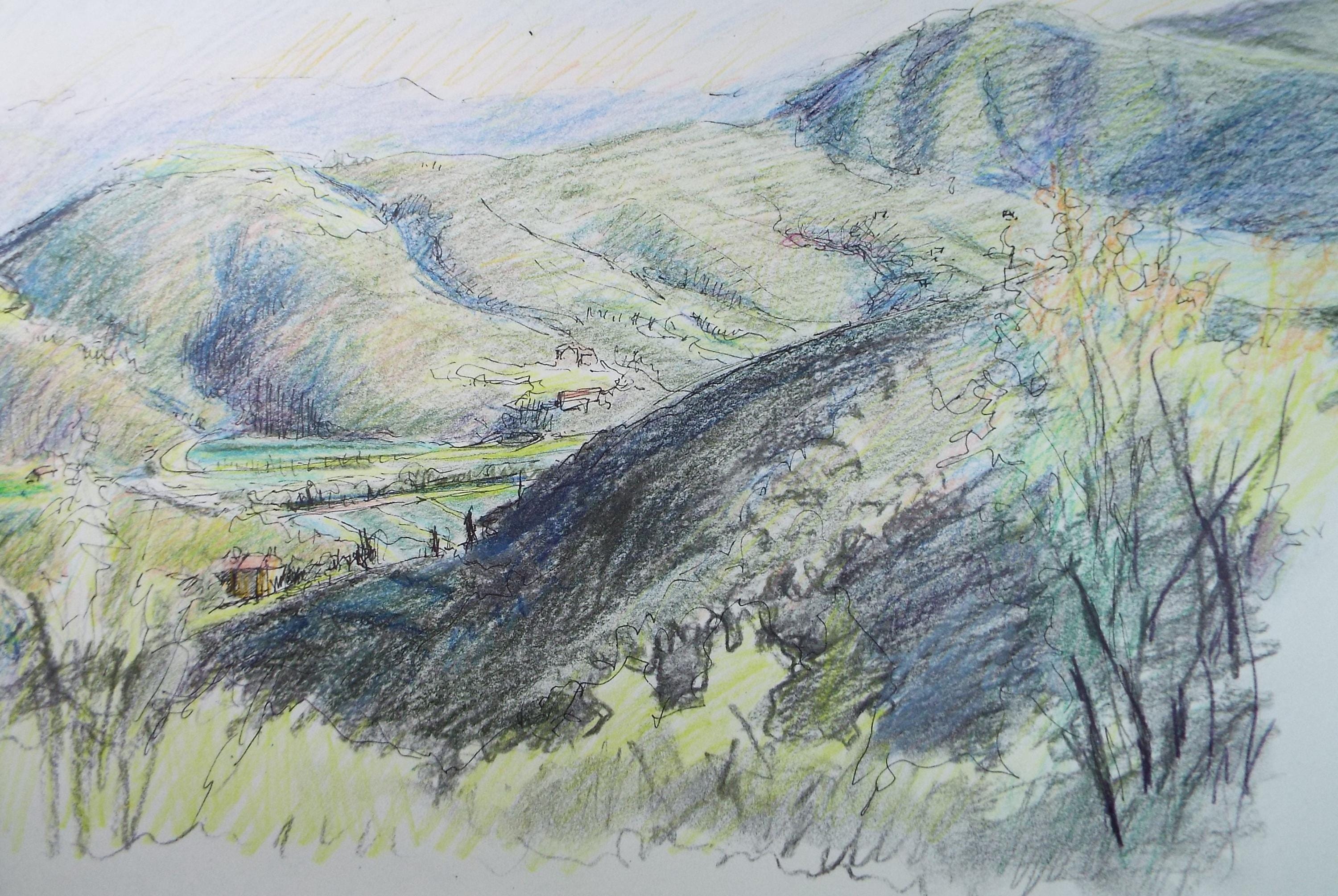 Pencil drawing 'Farmstead in a Valley ', Pauline Plummer (b1933), Circa 1990's