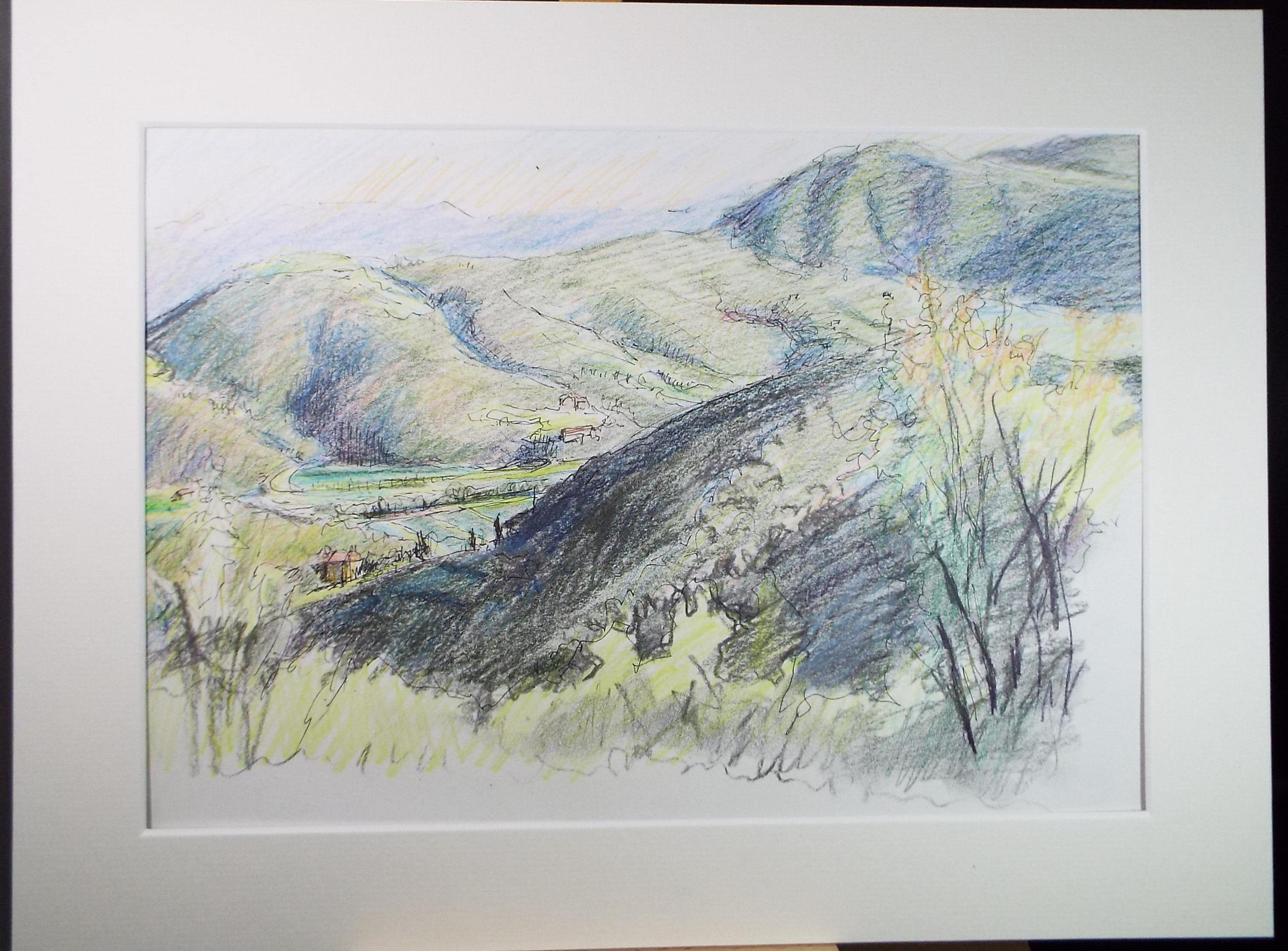 Pencil drawing 'Farmstead in a Valley ', Pauline Plummer (b1933), Circa 1990's