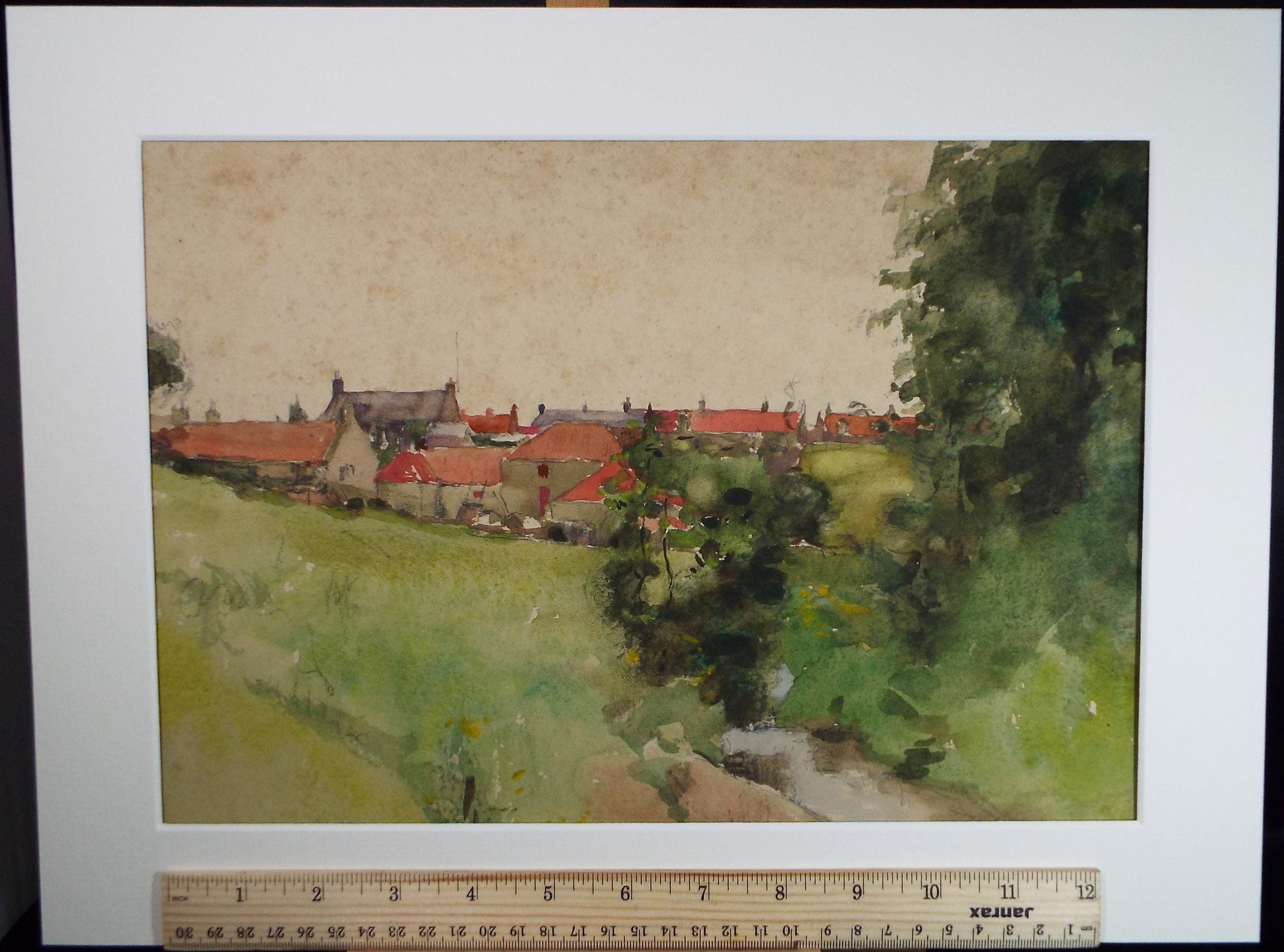 Vintage Village Houses Watercolour Painting - A.E. Borthwick, c. 1940s