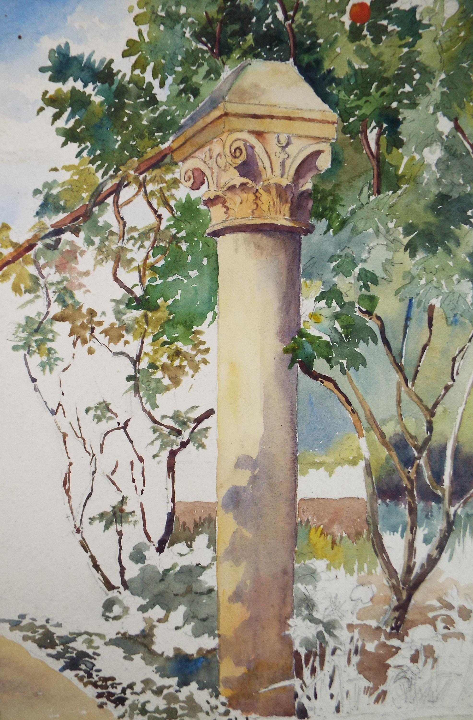 Original Watercolour, 'Study of a Corinthian Column', Unknown artist, dated 1909