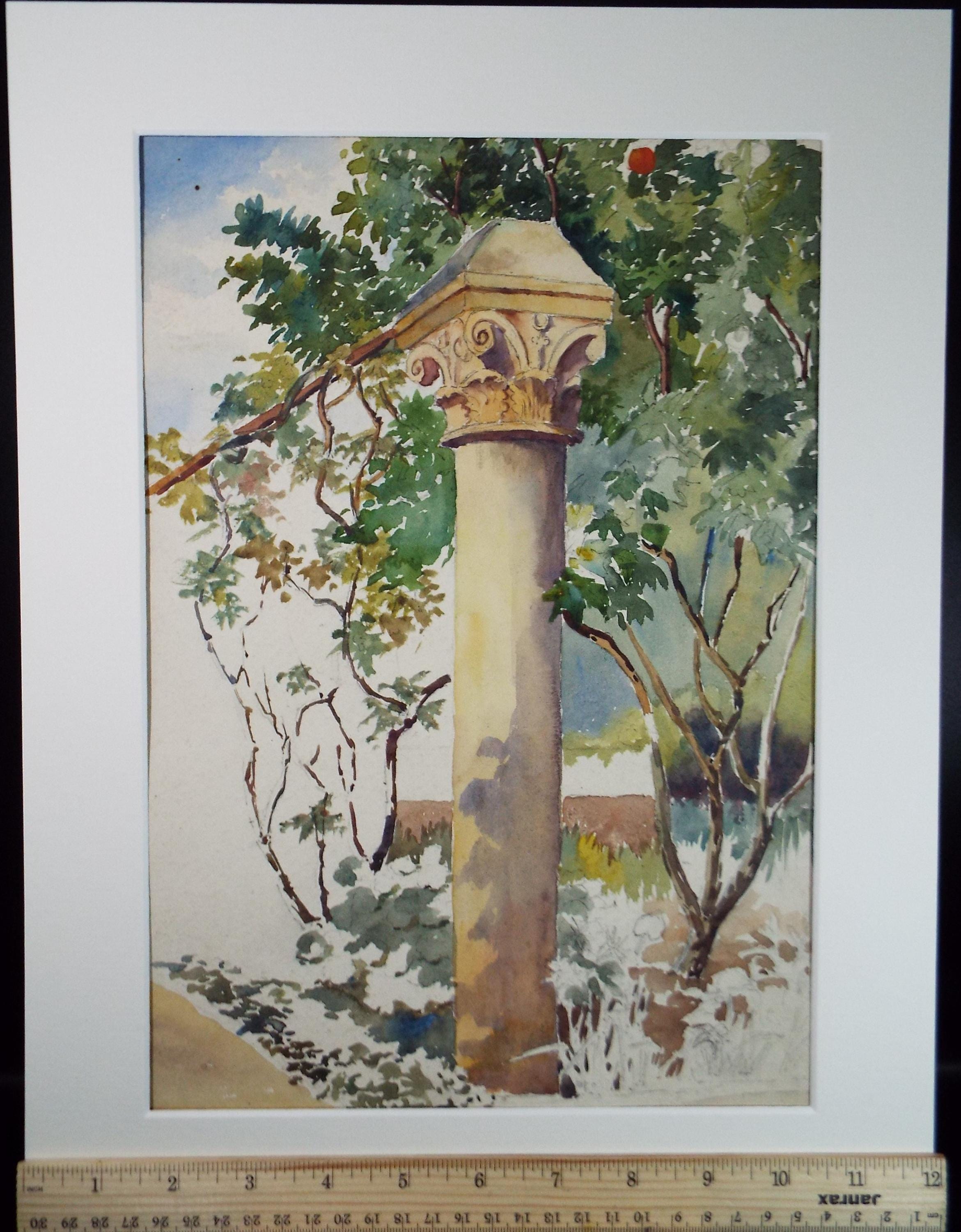 Original Watercolour, 'Study of a Corinthian Column', Unknown artist, dated 1909