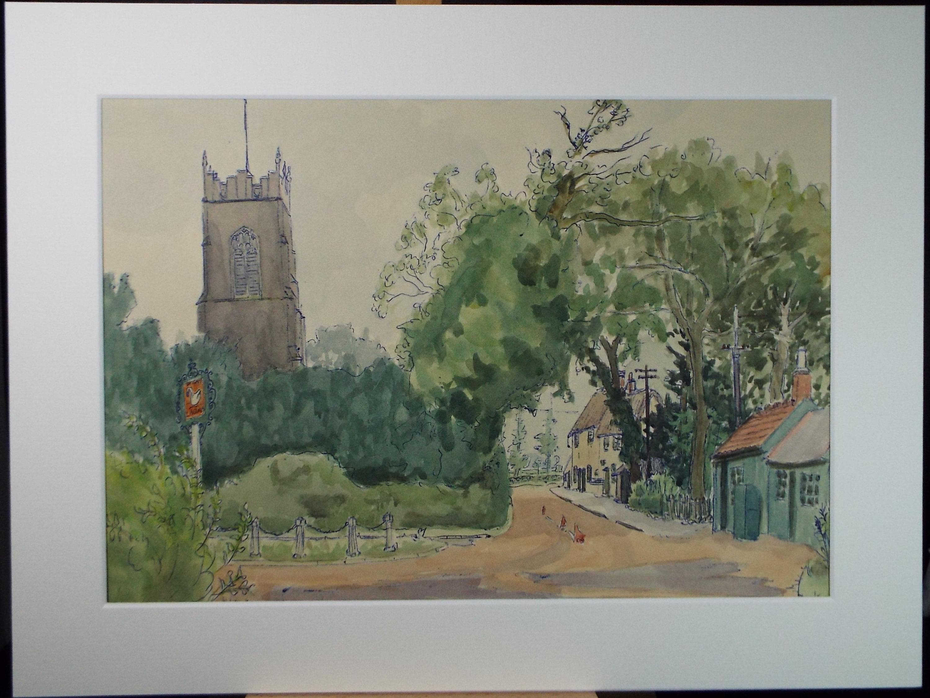 Original Watercolour Village Lane Painting by Pauline Plummer, 1950s