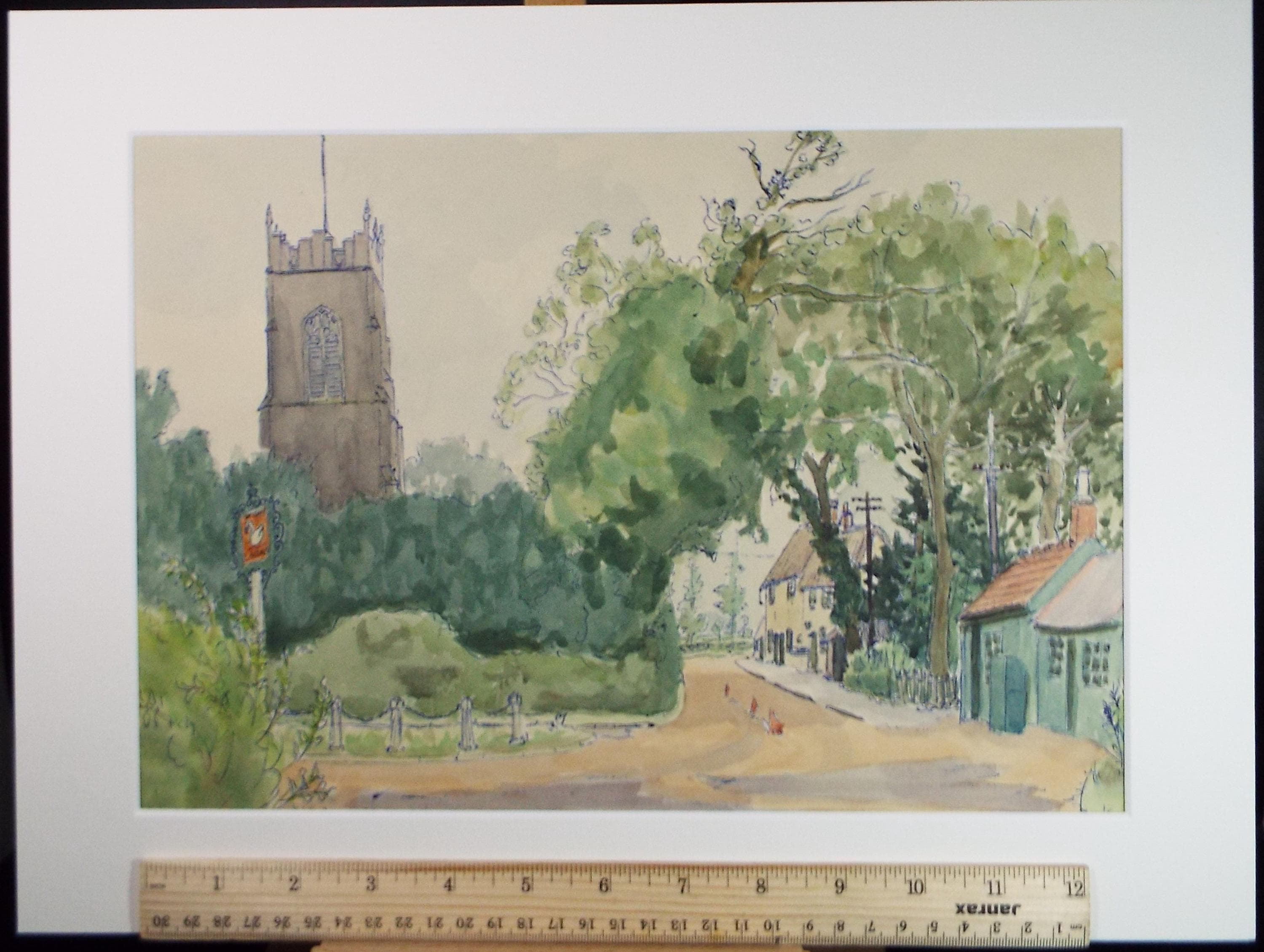 Original Watercolour Village Lane Painting by Pauline Plummer, 1950s