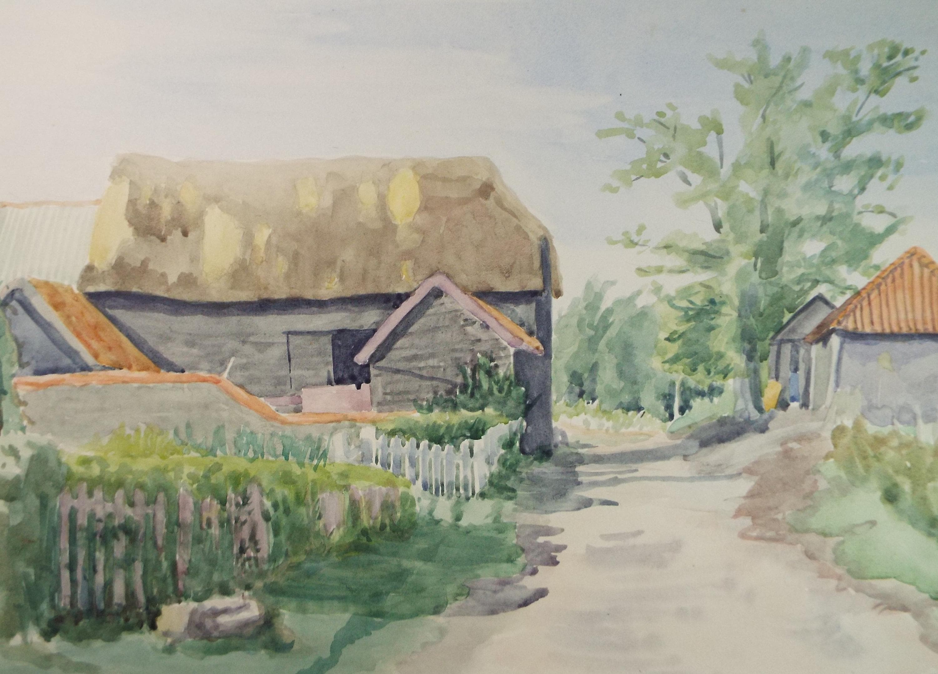 Original Watercolour Painting: Village Lane by Pauline Plummer (1950s)