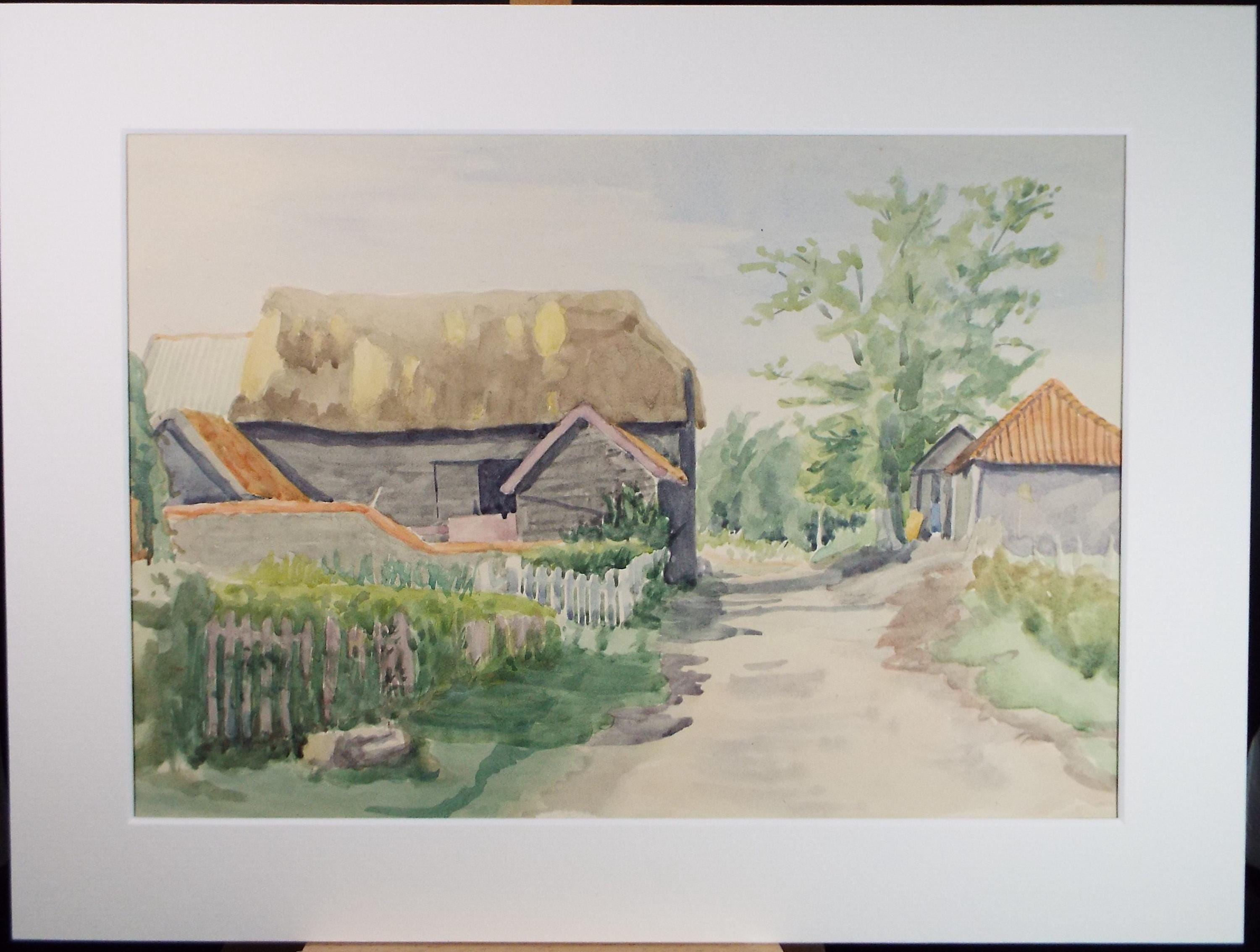 Original Watercolour Painting: Village Lane by Pauline Plummer (1950s)