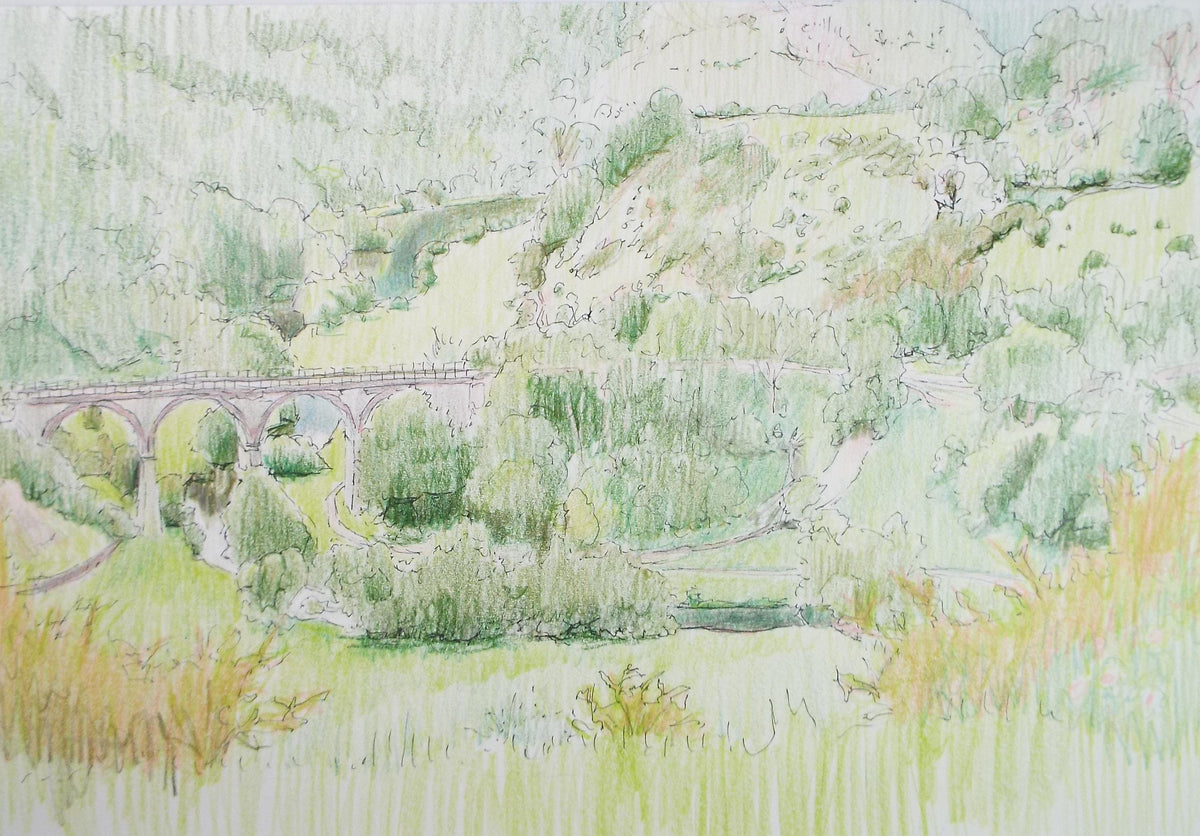 Coloured Pencil drawing 'Viaduct in a Landscape', Pauline Plummer (b1933)