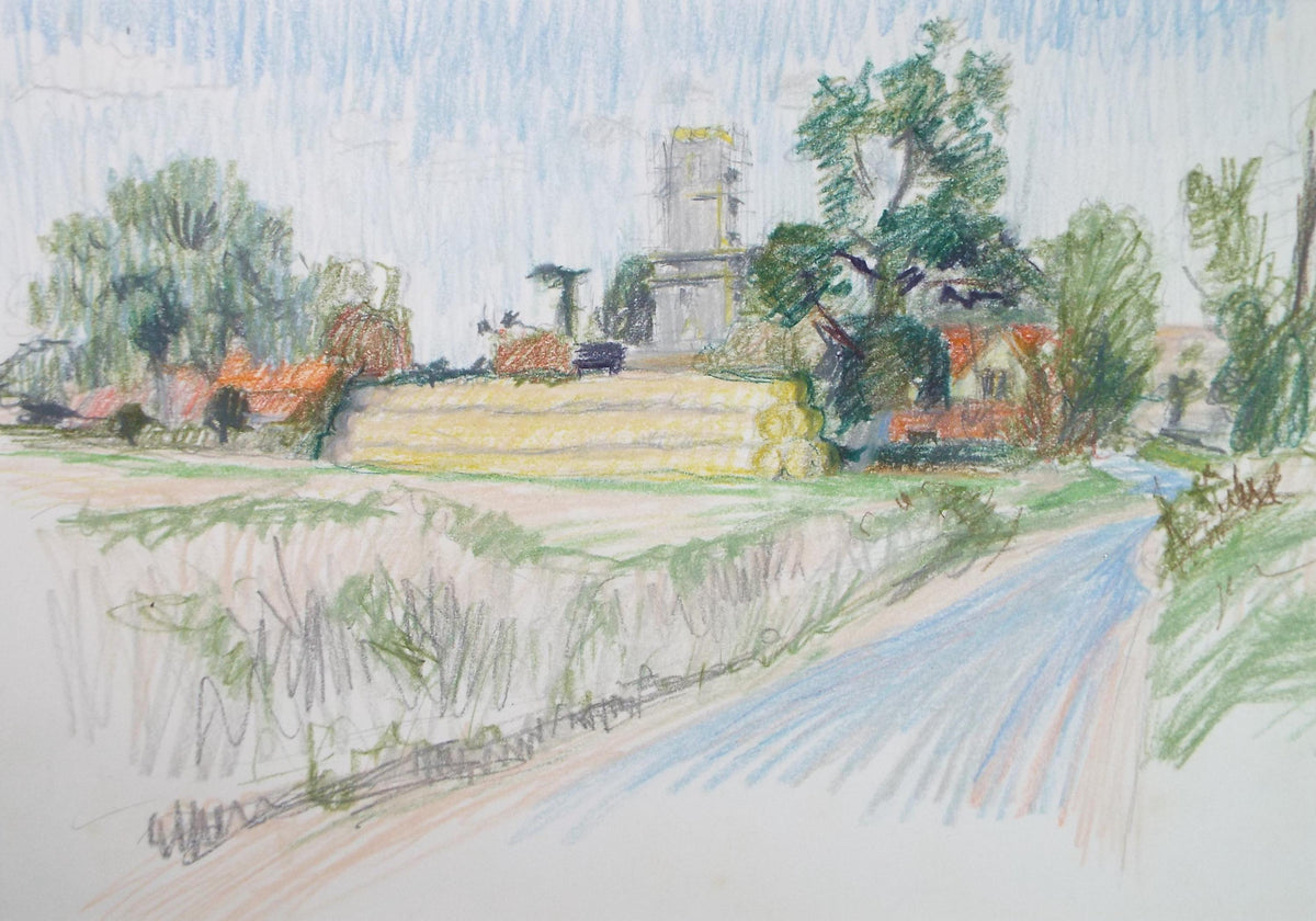Coloured Pencil drawing 'Village with Church', Pauline Plummer (b1933)