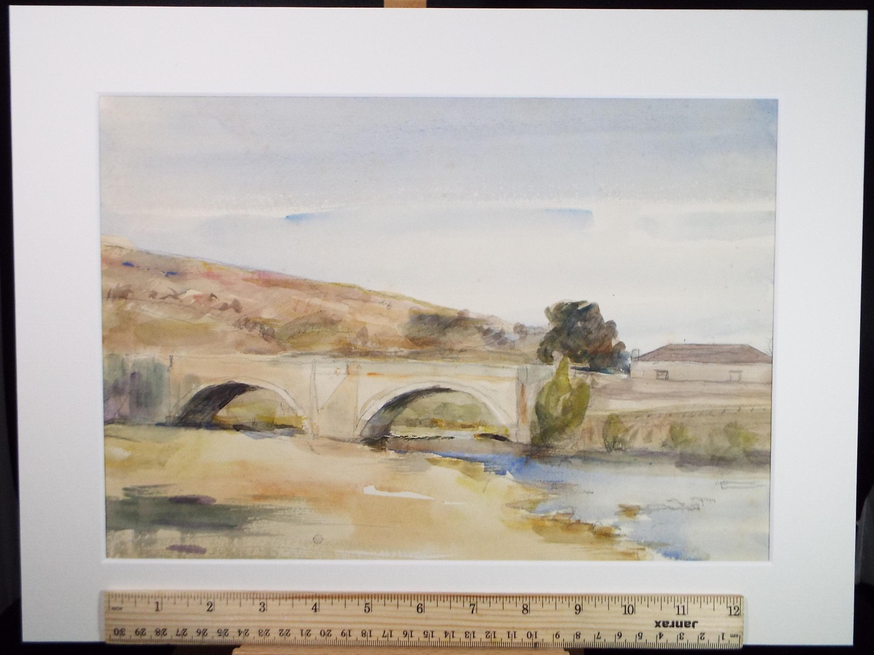 Original Watercolour, 'Bridge over the River', A E Borthwick (1871-1955), Circa 1940's