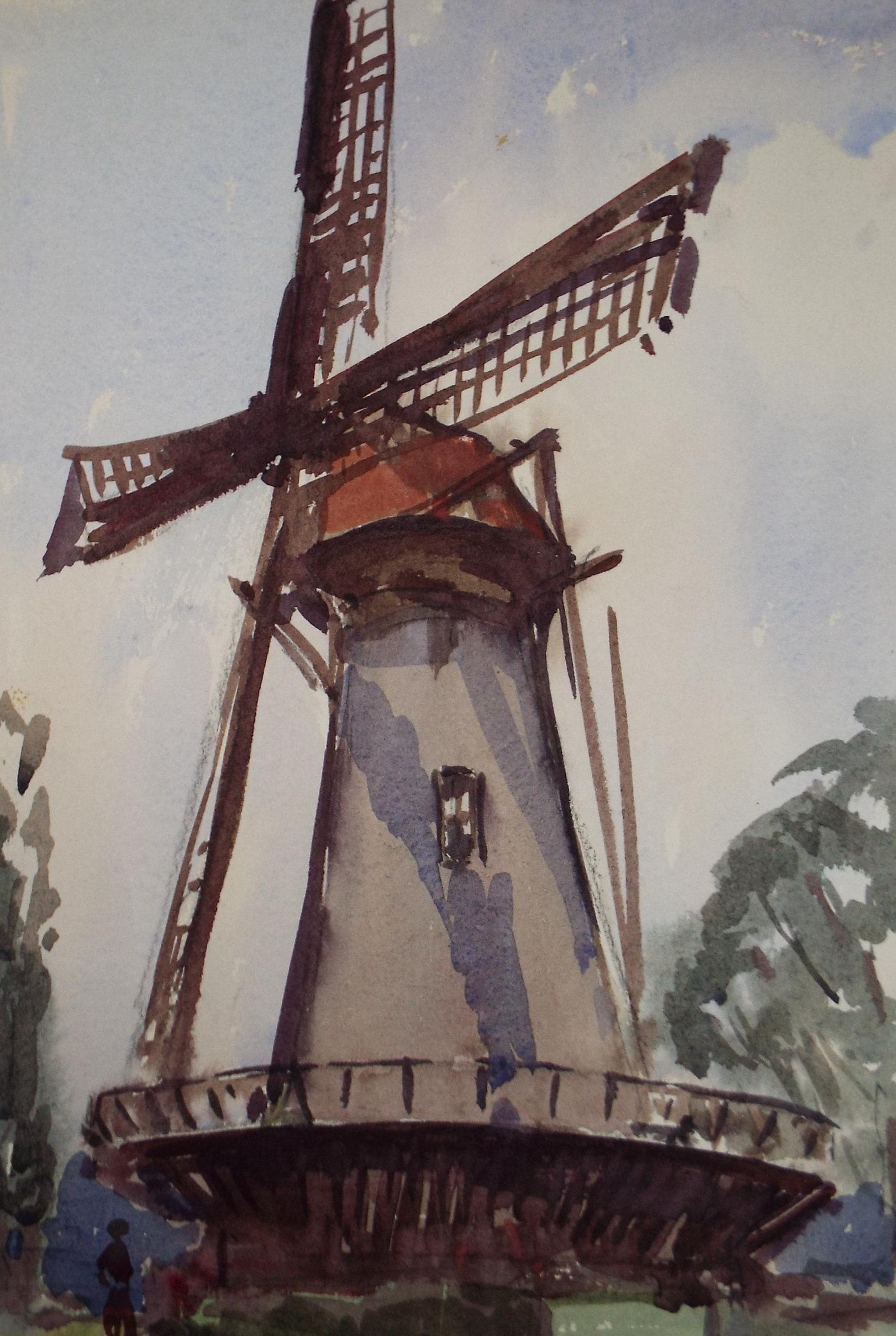Original Watercolour, 'Dutch Windmill', c1920,unknown artist