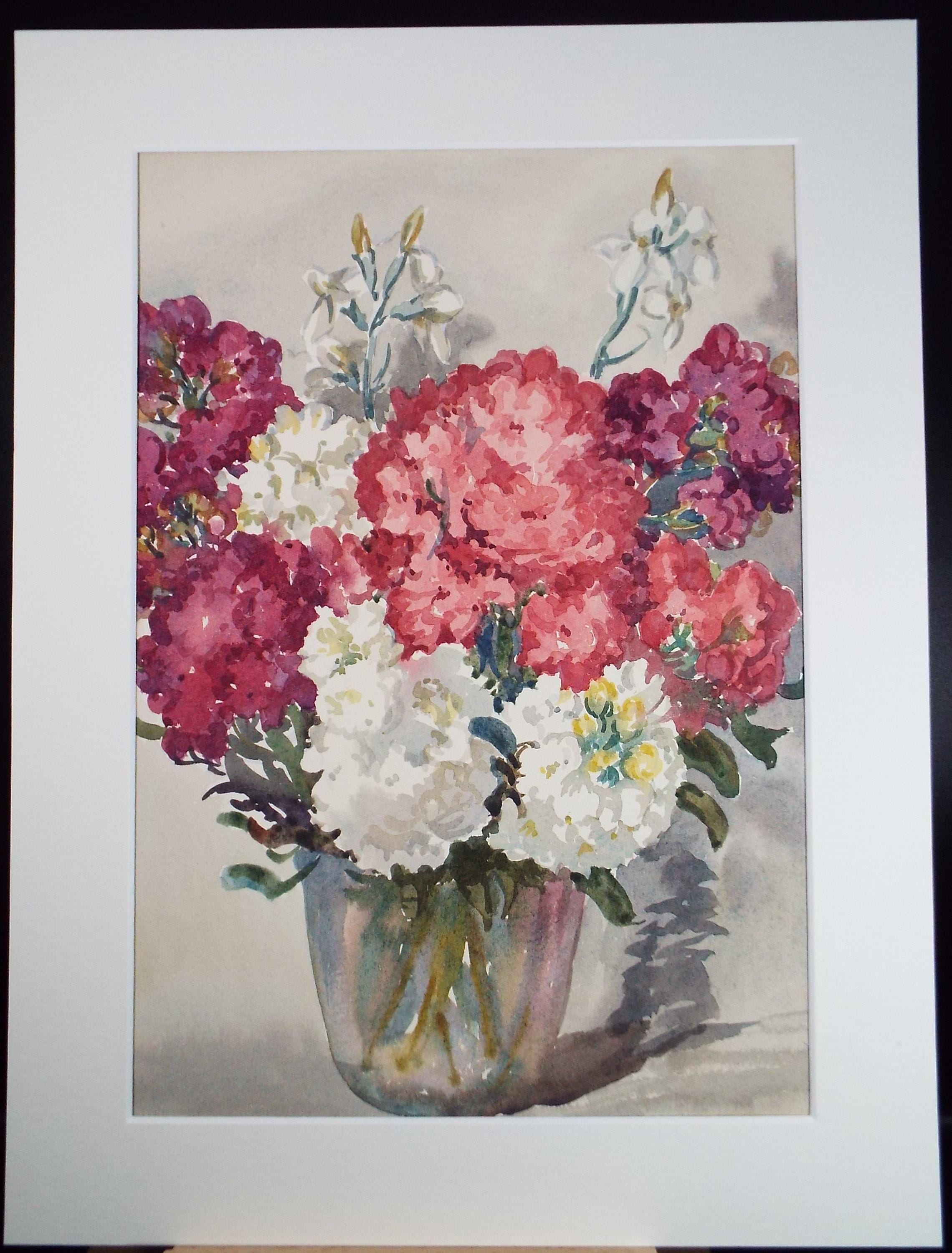 Original Watercolour Painting: Vase of Flowers by Gwen Rayner, c1970s