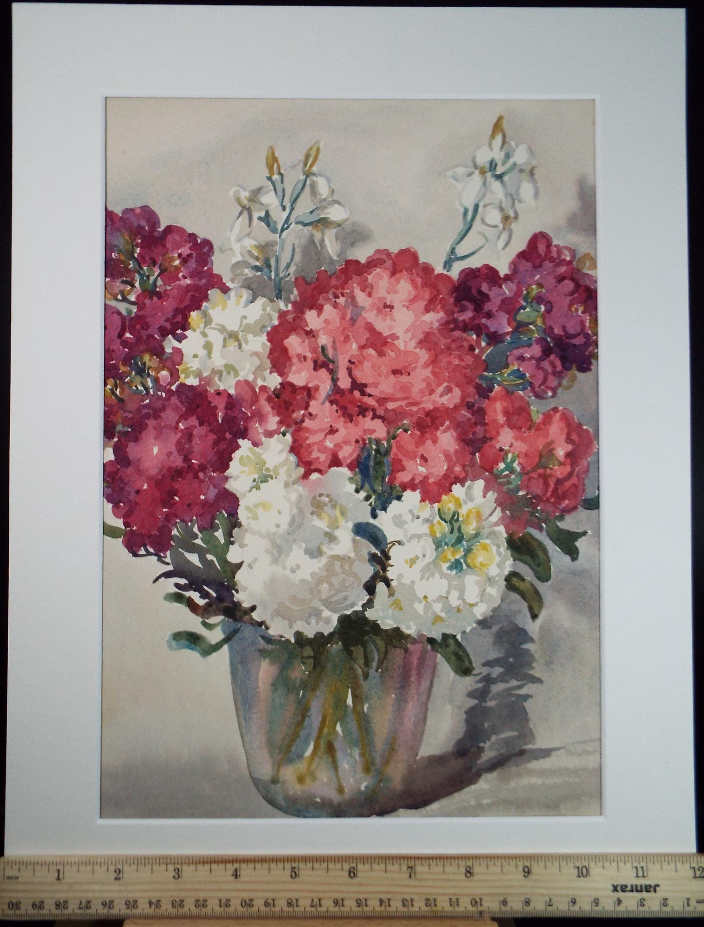 Original Watercolour Painting: Vase of Flowers by Gwen Rayner, c1970s