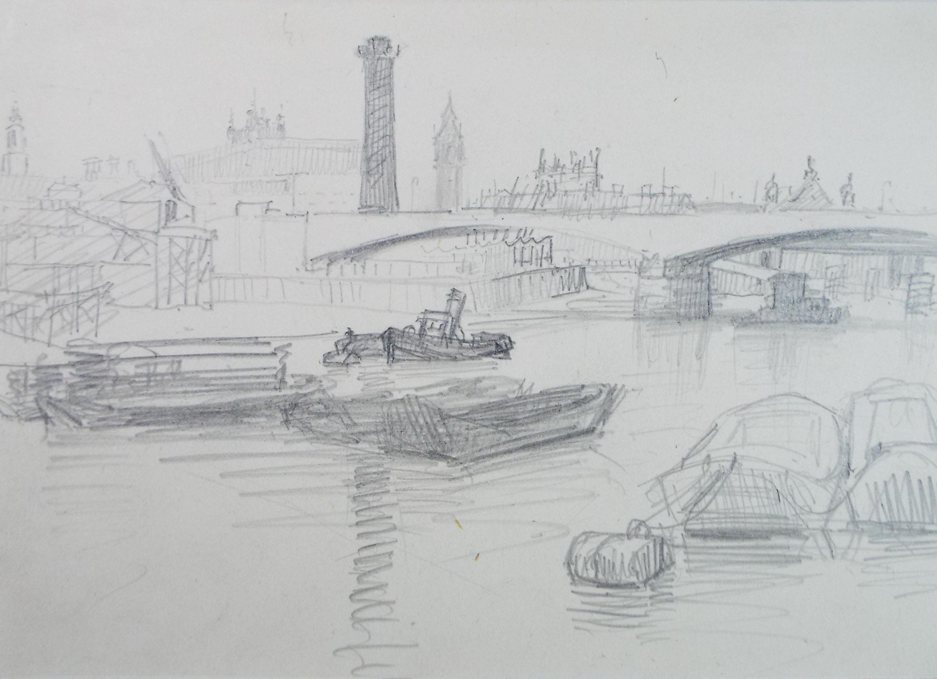 Original Pencil Sketch,'The Thames at London', unknown artist, circa 1970's