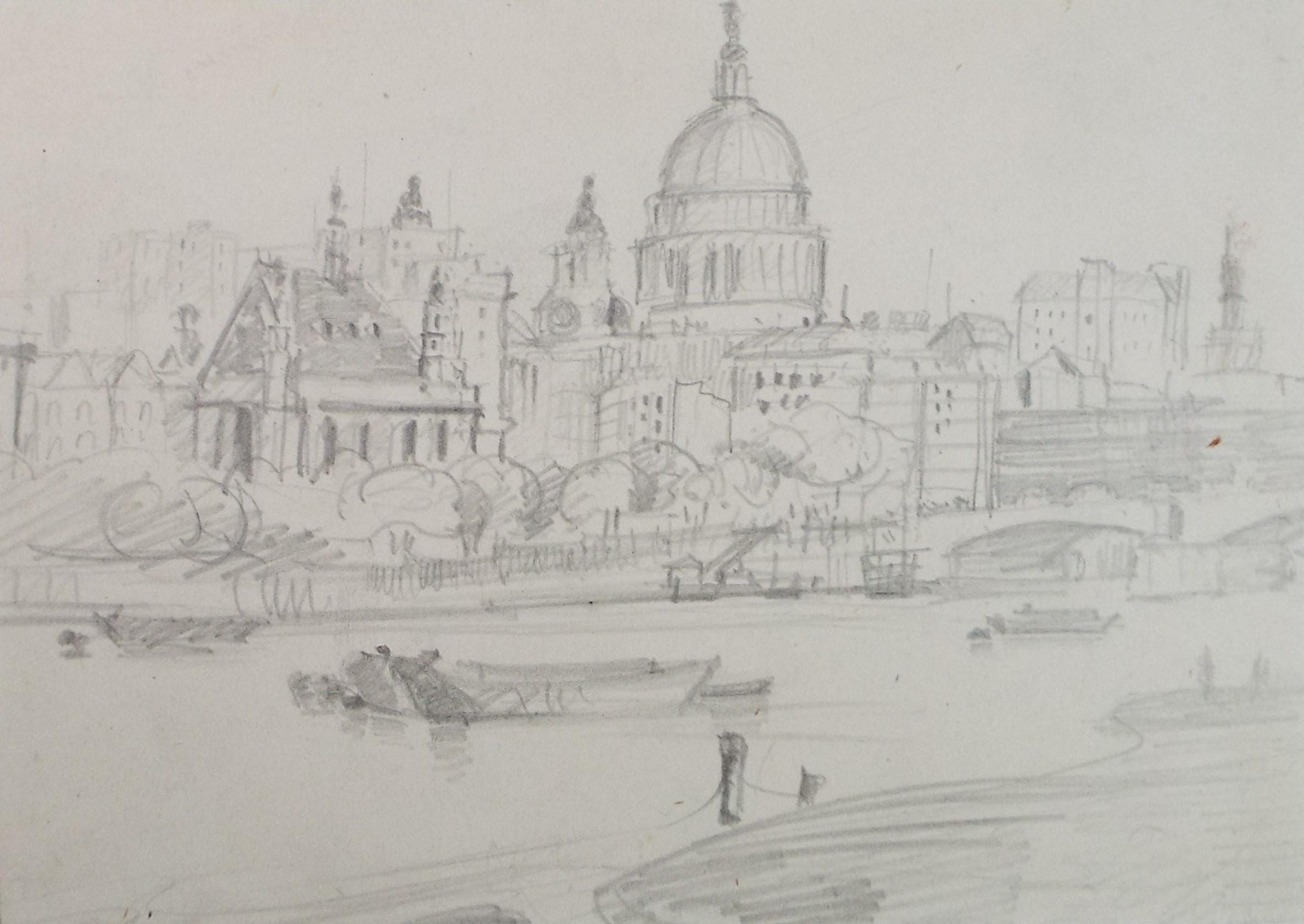 Original Pencil Sketch,'The Thames at London', unknown artist, circa 1970's