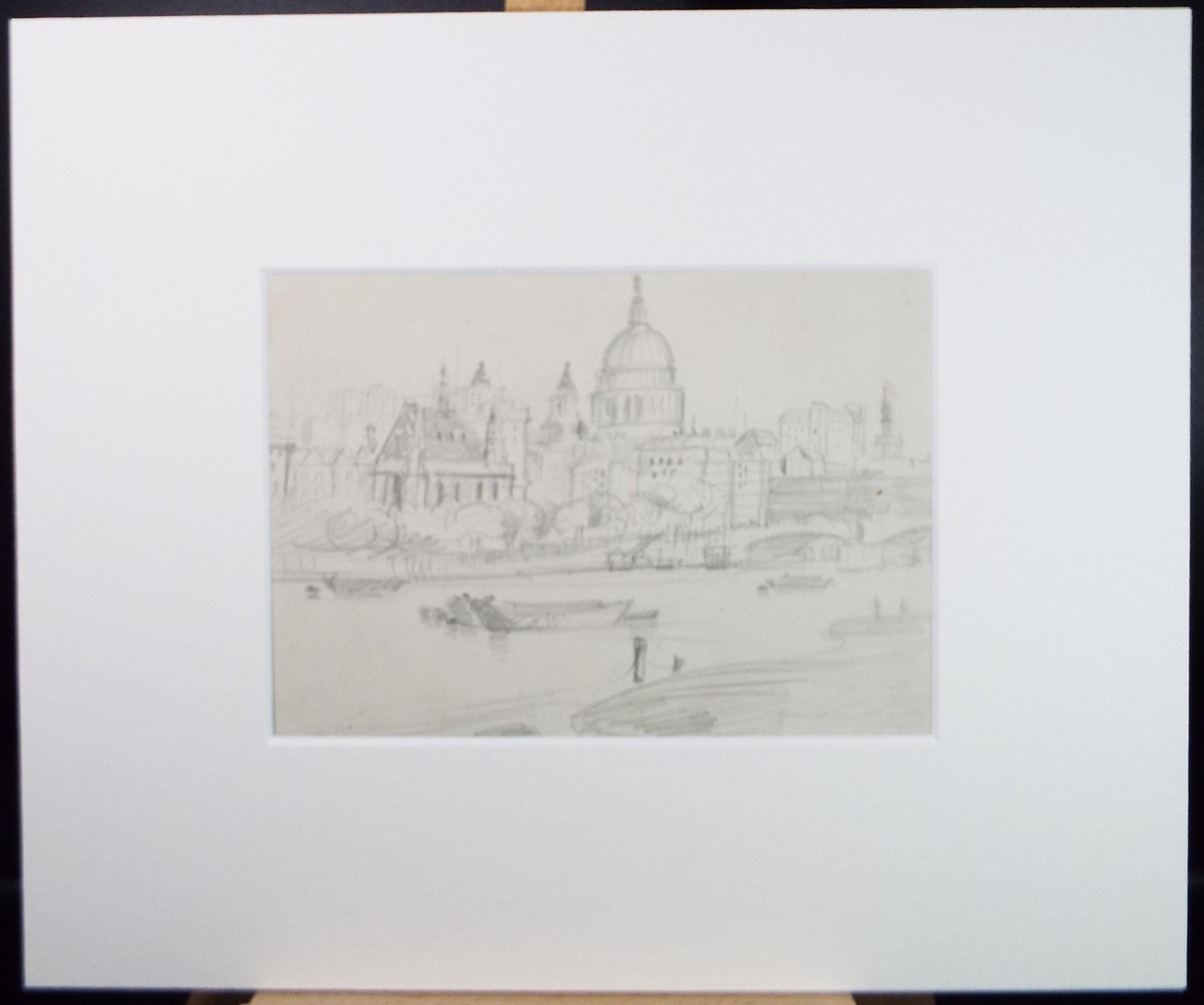 Original Pencil Sketch,'The Thames at London', unknown artist, circa 1970's