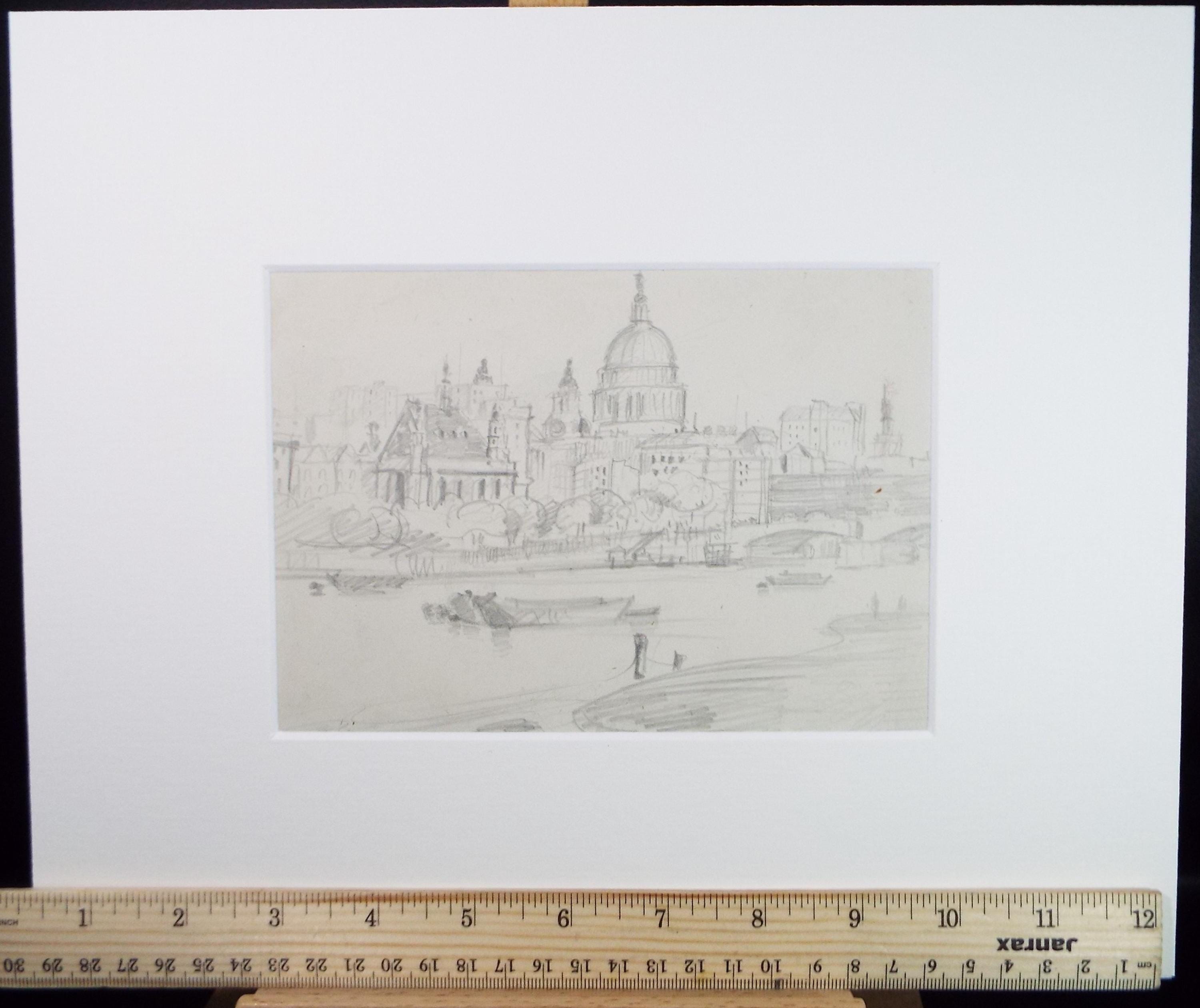 Original Pencil Sketch,'The Thames at London', unknown artist, circa 1970's
