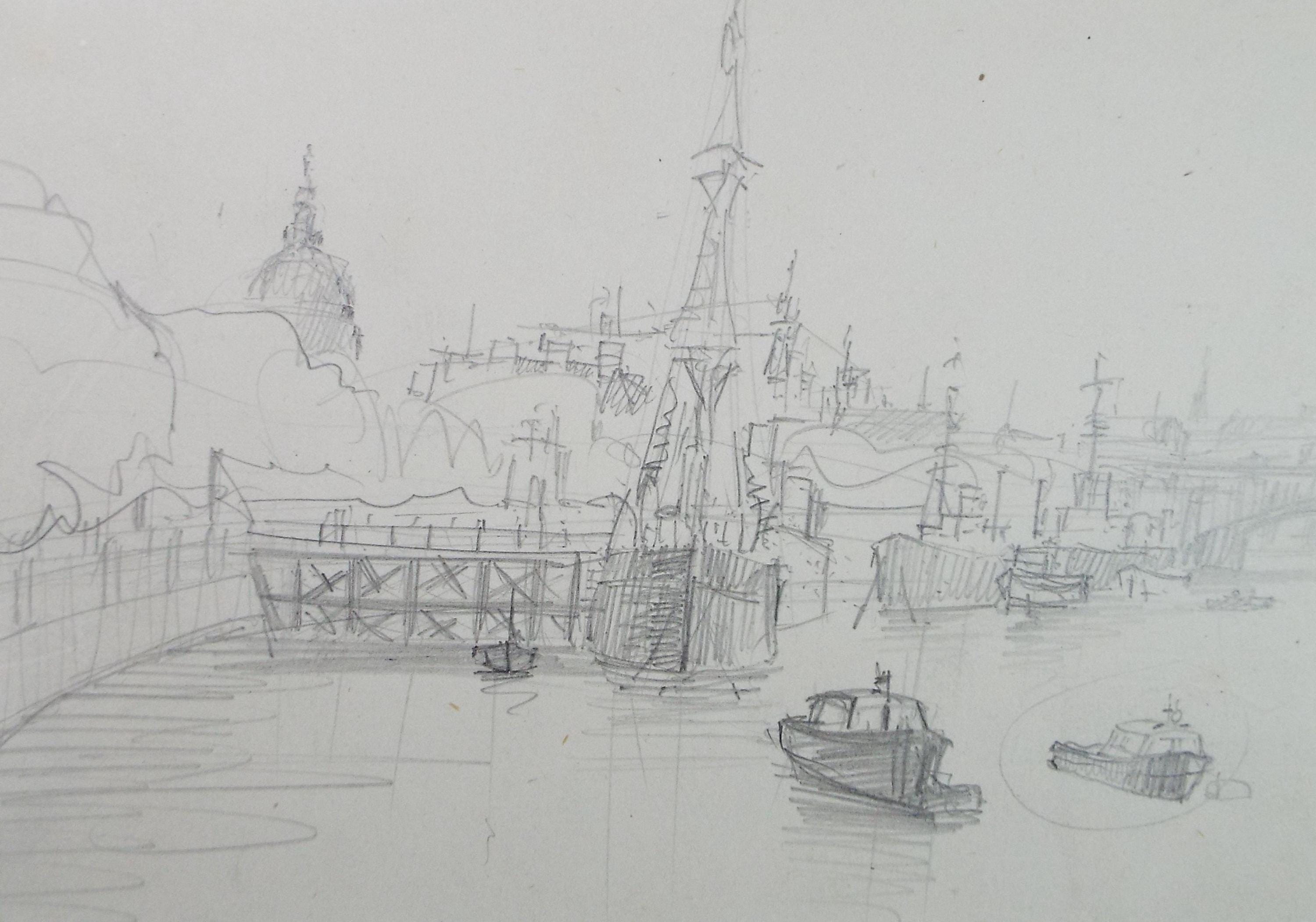 Original Pencil Sketch,'The Thames at London', unknown artist, circa 1970's