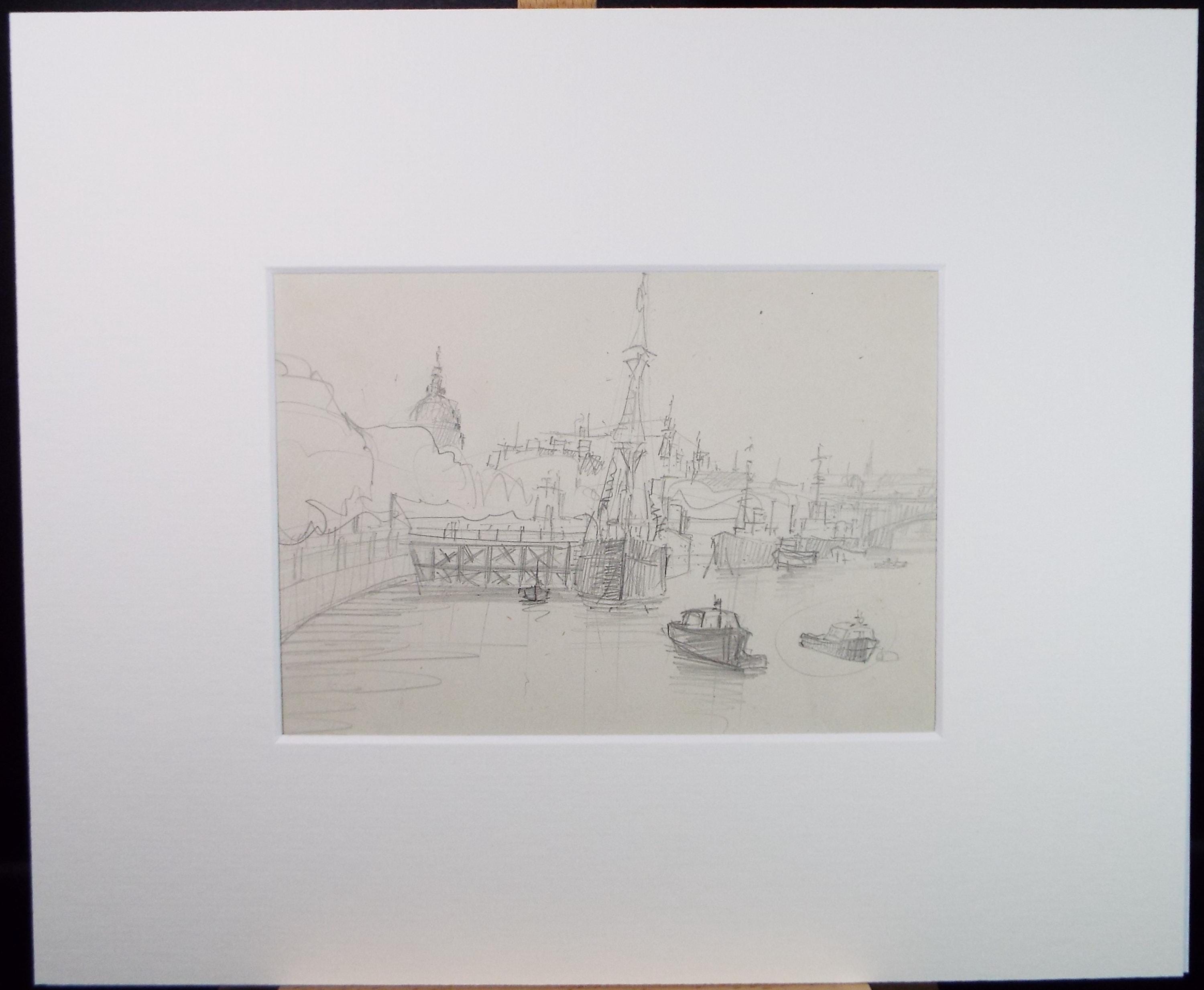 Original Pencil Sketch,'The Thames at London', unknown artist, circa 1970's